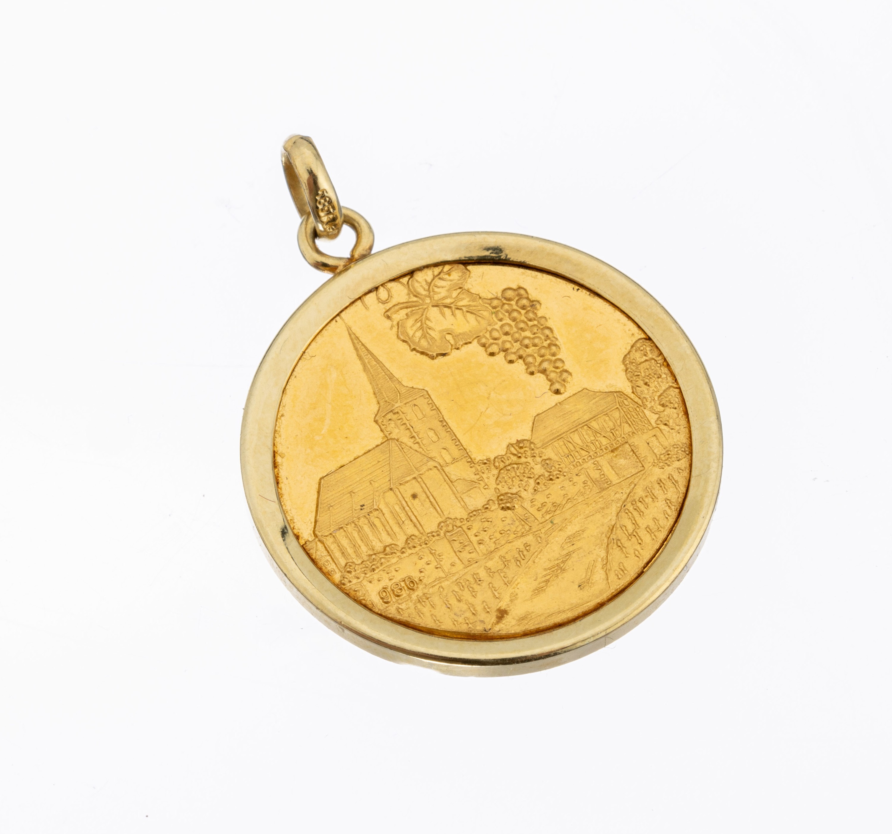 14 kt Gold Medaillen-Anhänger, GG 585/000, lose gefasste Medaille, Hochheim am Main, 986er Gold, schlichte Rahmung, ca. 4.8 g