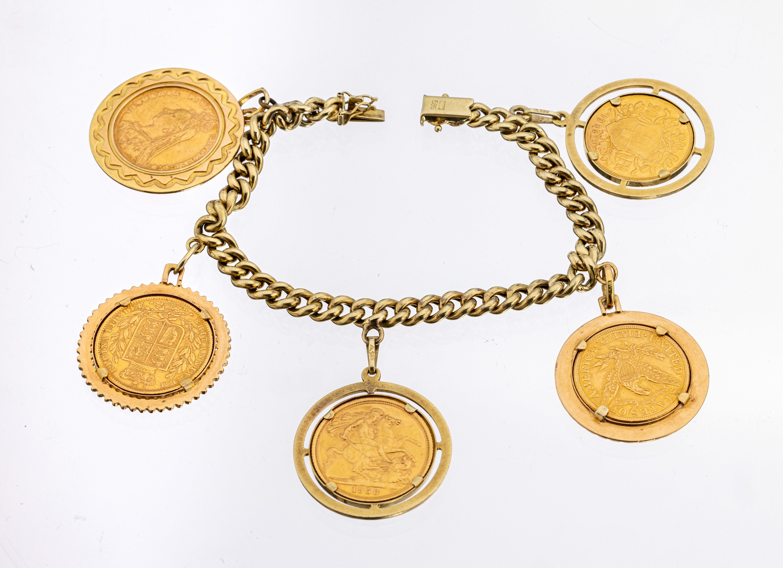 14 kt Gold Münz-Armband, GG 585/000, 5 bewegl. abgehängte lose gefasste Goldmünzen, 1x Sovereign 1888, Victoria, 1 x Sovereign 1871, Victoria, 1 ...