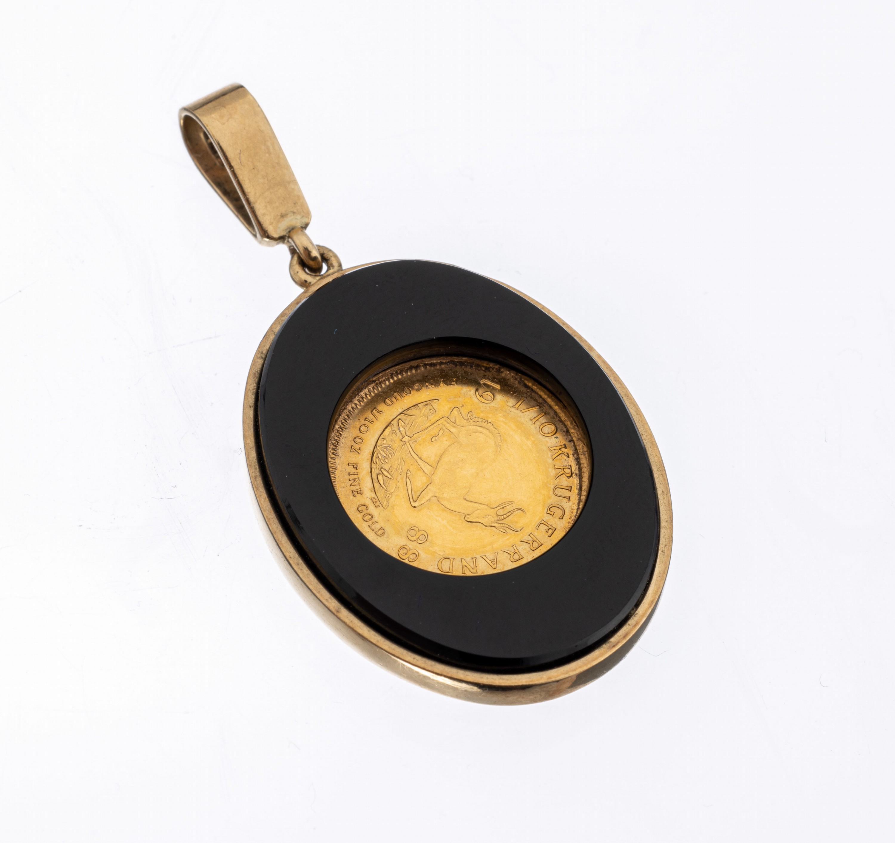 9 kt Gold Onyx-Münz-Anhänger, GG 375/000, oval, Onyxeinlage, lose gefasste Goldmünze, 1/10 Krügerrand, 1988, ca. 10.4 g