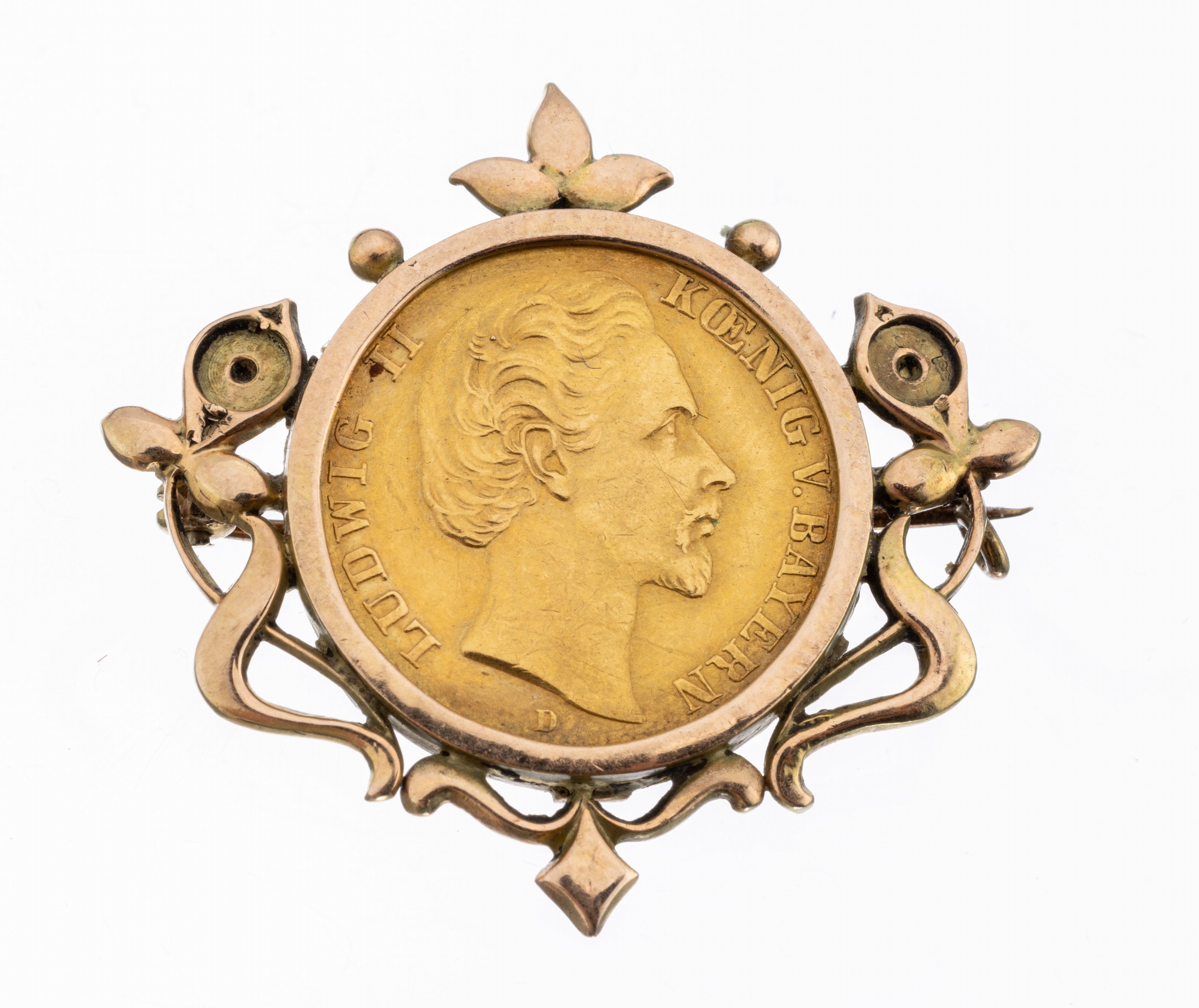 14 kt Gold Münz-Brosche, um 1900, GG 585/000, florale Gestaltung, lose gefasste Goldmünze, 10 Mark, Ludwig II., König von Bayern, ca. 7.3 g