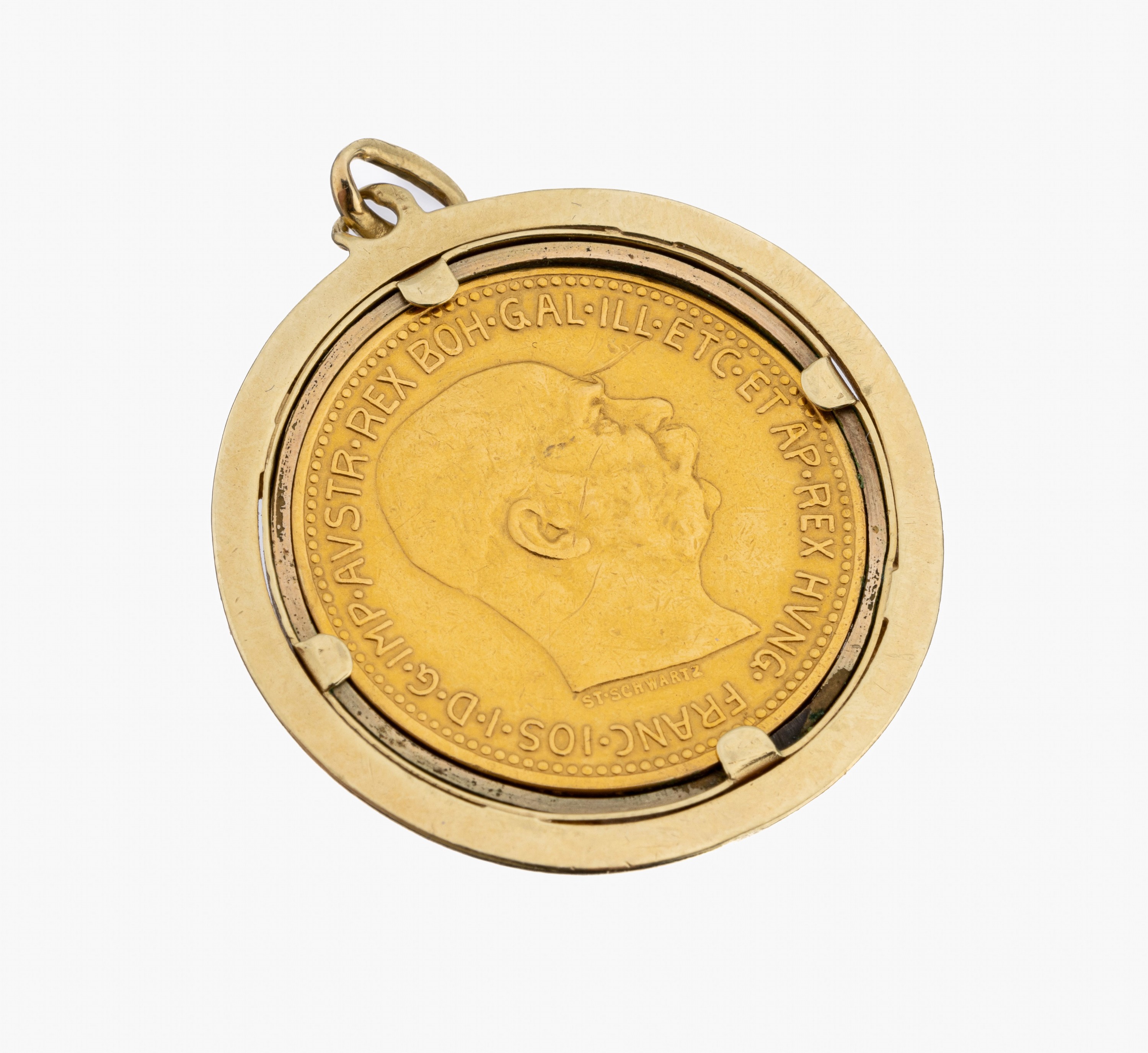 14 kt Gold Münz-Anhänger, GG 585/000, lose gefasste Goldmünze, 20 Kronen, Österreich -Ungarn, 1915 offizielle Nachprägung, schlichte Rahmung, ...