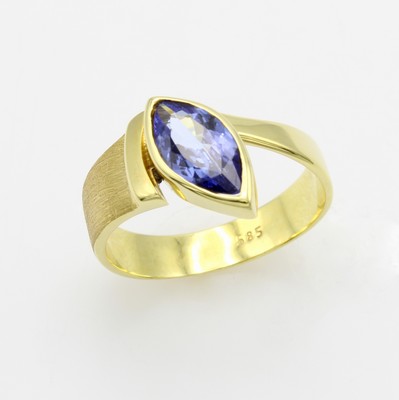 Image Ring mit Tansaniten, GG 585/000, z.T. matt.,asymm. Ringschiene, Tansanitmarquise ca. 1.1 ...