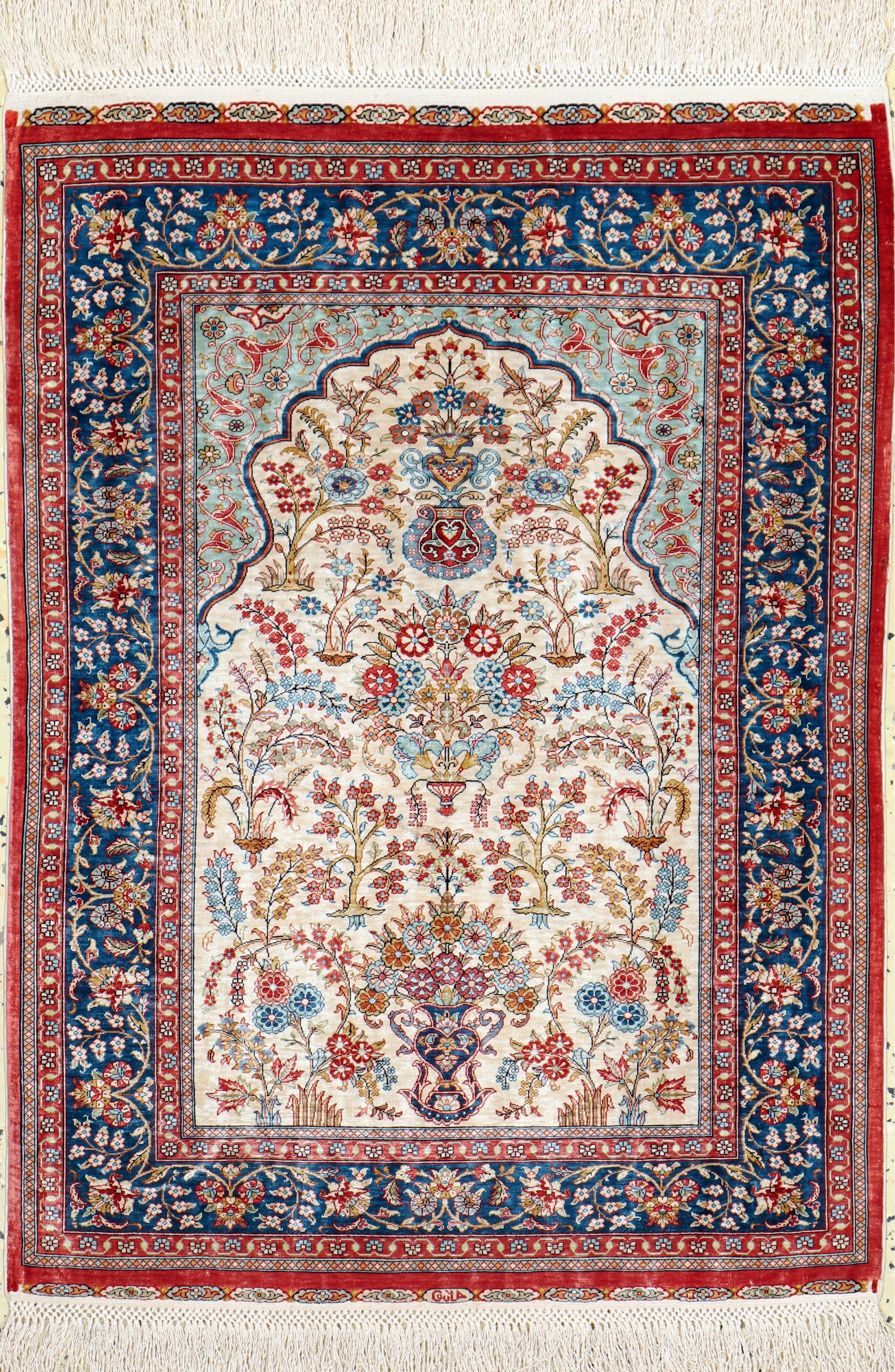 Hereke Seide fein(13x13), signiert, Türkei,Mitte 20.Jhd, reine Naturseide, ca. 75 x 55 cm, ca. 1,7 Mio. Kn/qm, EHZ: 1