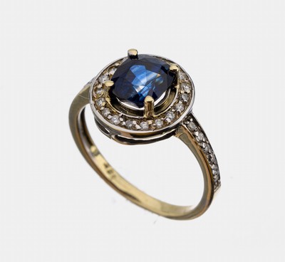 Image 14 kt Gold Saphir-Brillant-Ring, GG 585/000, ovalfacett. Saphir beh. ca. 2.00 ct, ...