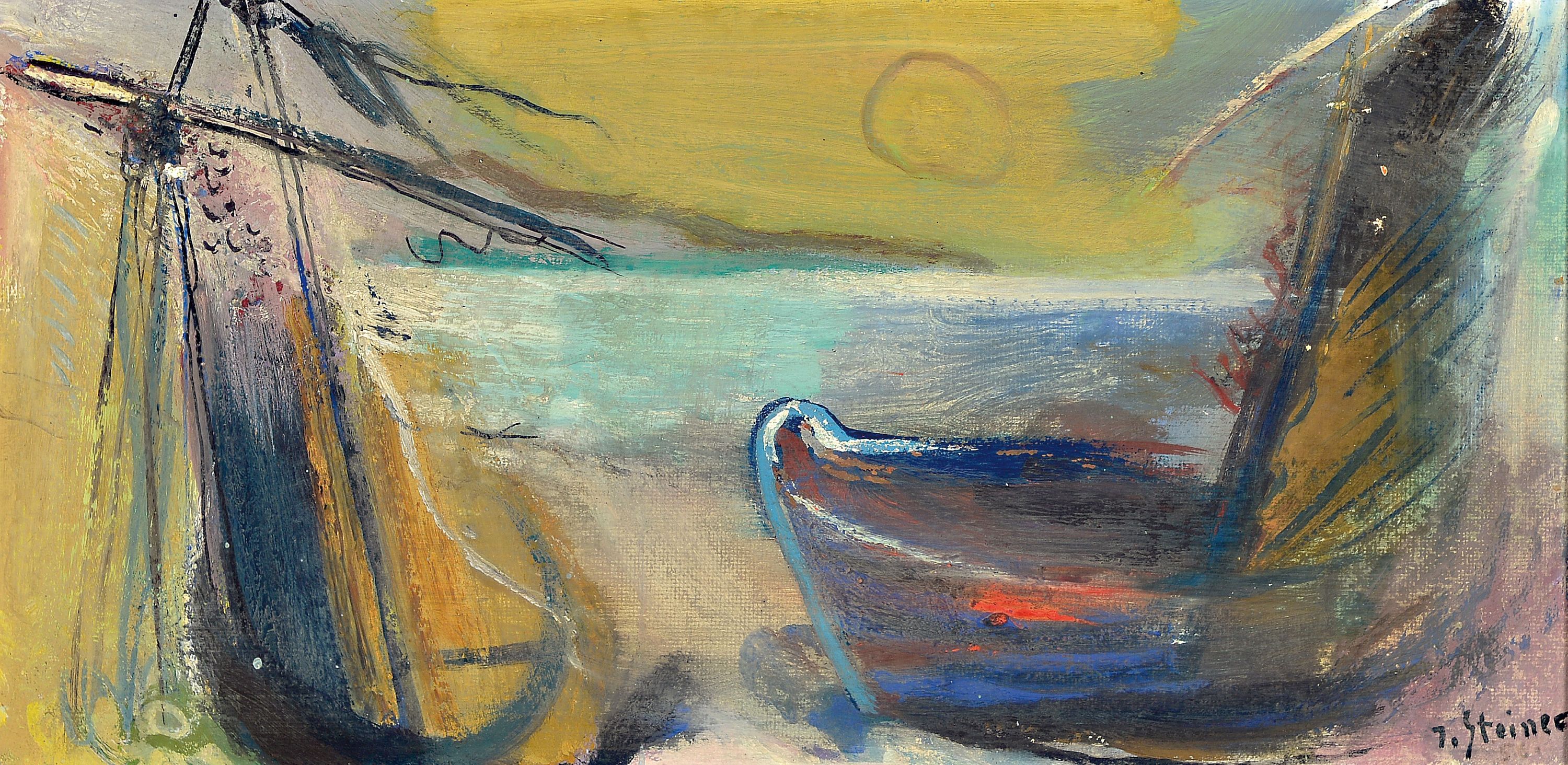 Josef Steiner, 1899-1977 München, maritime Komposition, rechts unten signiert, Öl/Platte, 30x60 cm, Rahmen 48x78 cm, Steiner studierte an der ...