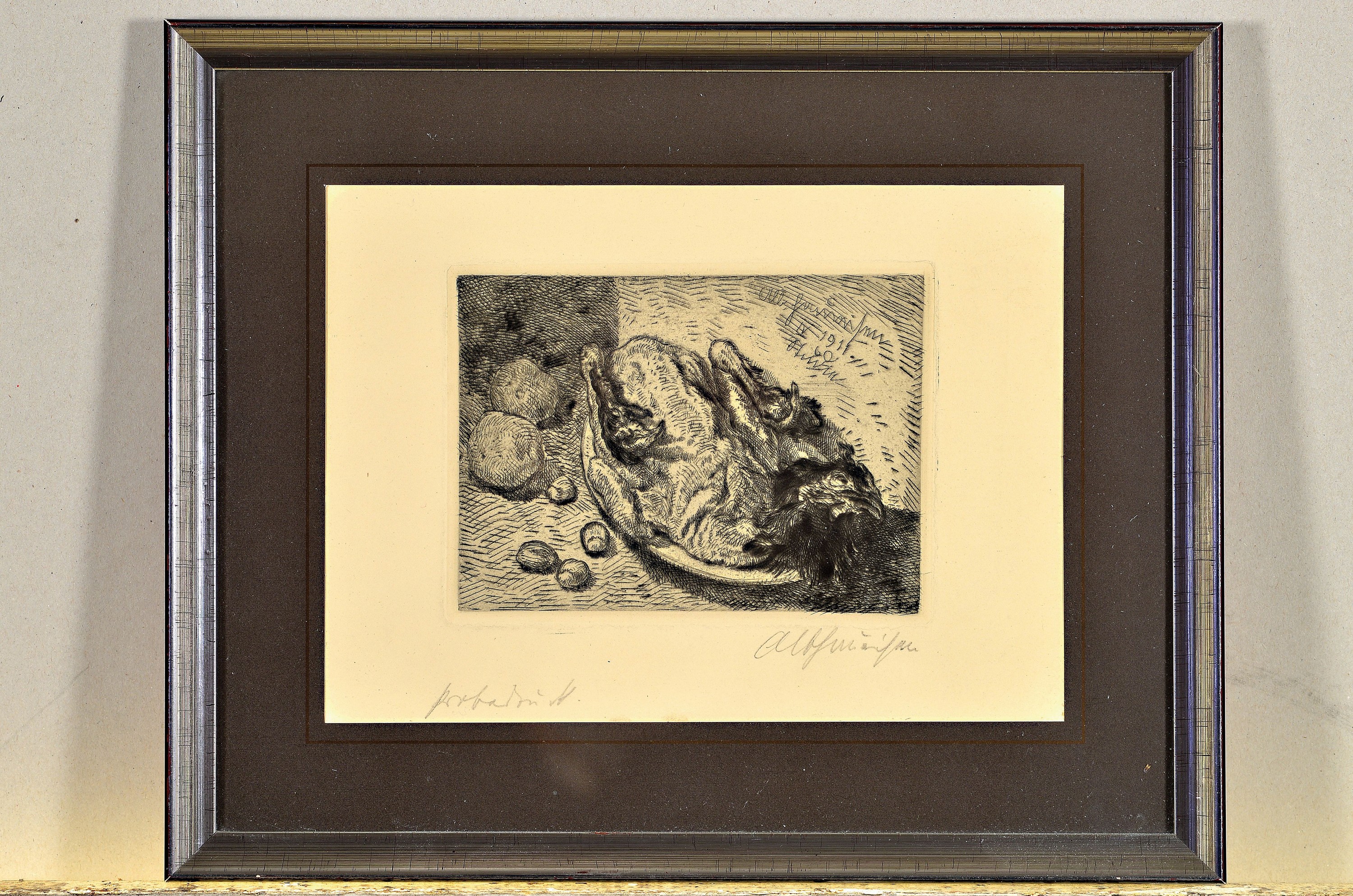 Detail k: Albert Haueisen, 1872 Stuttgart-1954 Kandel,Radierung, Kapaun, 1911, Probedruck, im Druck datiert, handsigniert, Platte 11x15 cm, unter Glas gerahmt ...