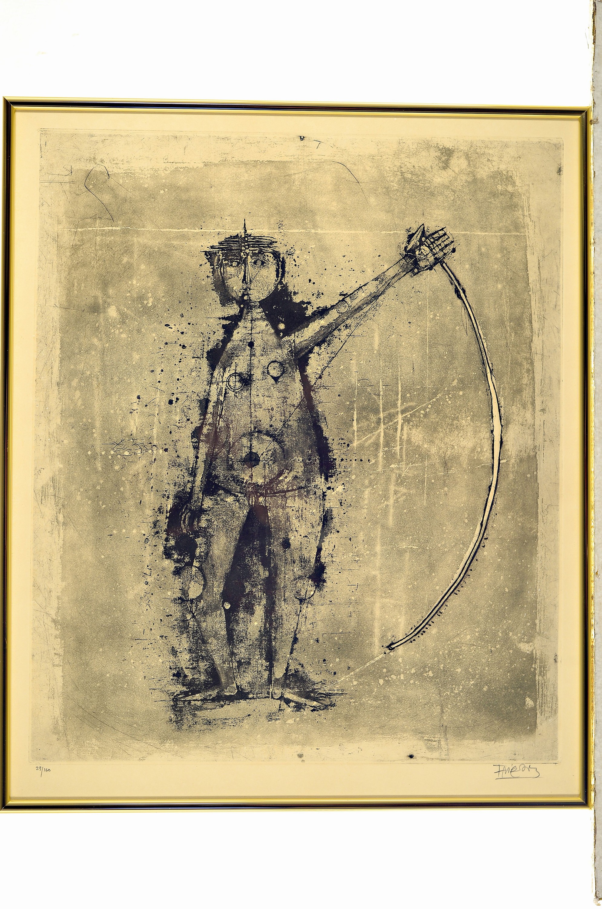 Detail k: Johnny Friedländer, 1912 Pszczyna-1992 Paris , Radierung, stehende Figur mit Stab, Ed. 29/160, handsigniert, unter Glas gerahmt 61x51cm