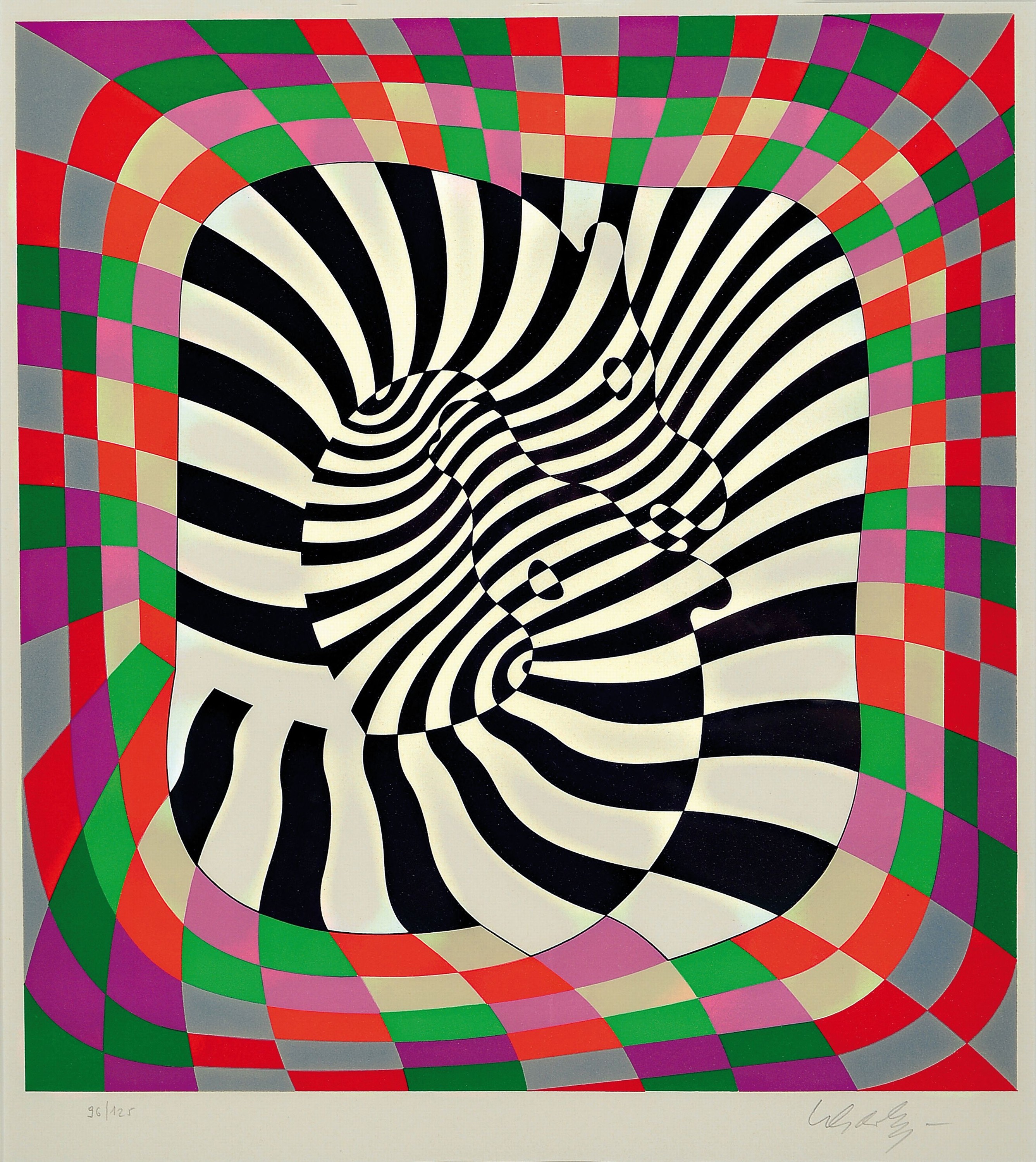 Victor Vasarely, 1908 Pecs-1997 Paris, Farbserigraphie, ruhendes Zebra, 1984, Ed. 96/125, handsigniert, unter PP und Glas gerahmt 63x56 cm