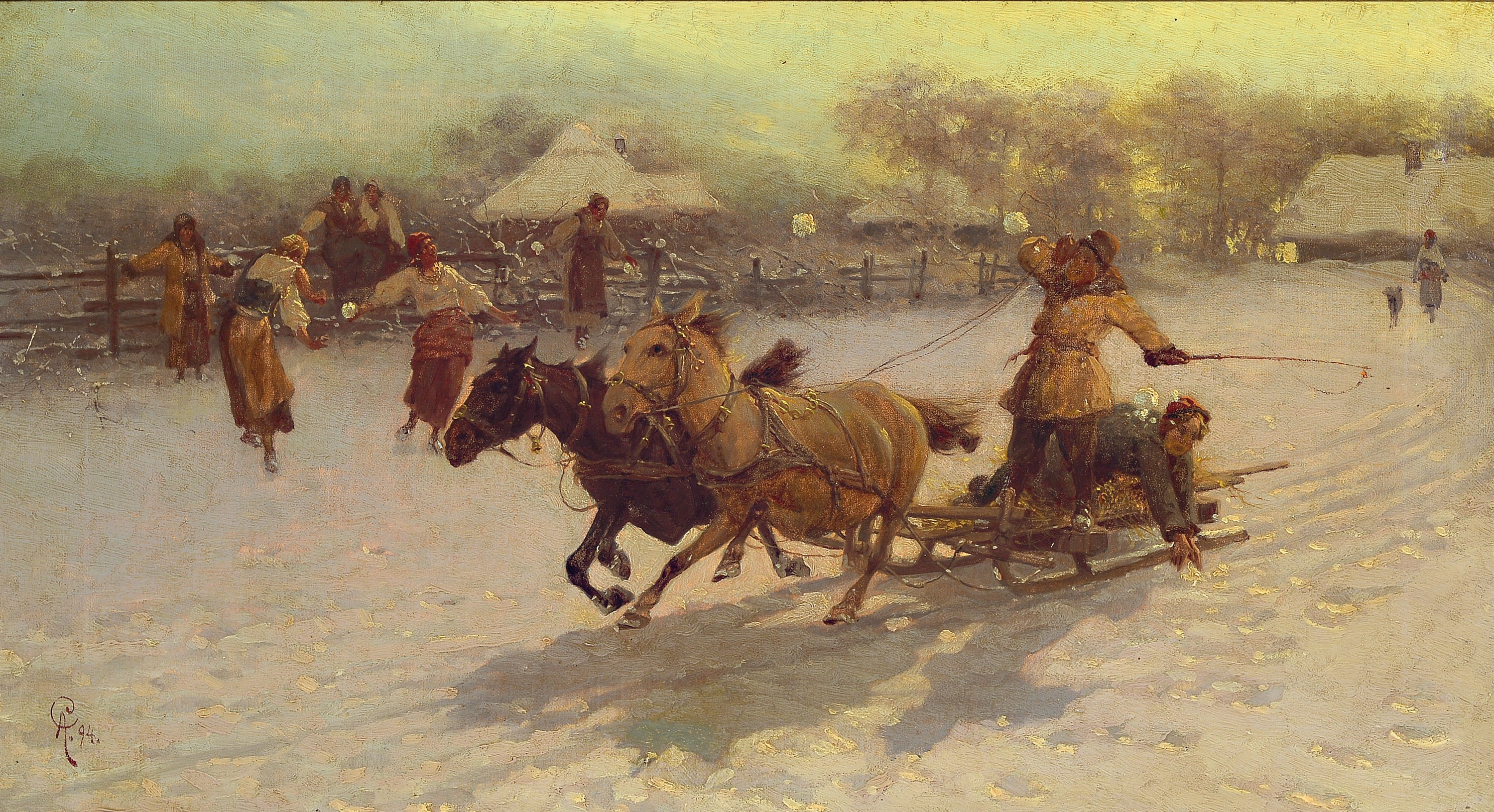 Monogrammist AG, in der Art von Wierusz-Kowalski, datiert 1894, rasante Schlittenfahrt mit Schneeballschlacht, spielende Mädchen und Jungen bewerfen ...