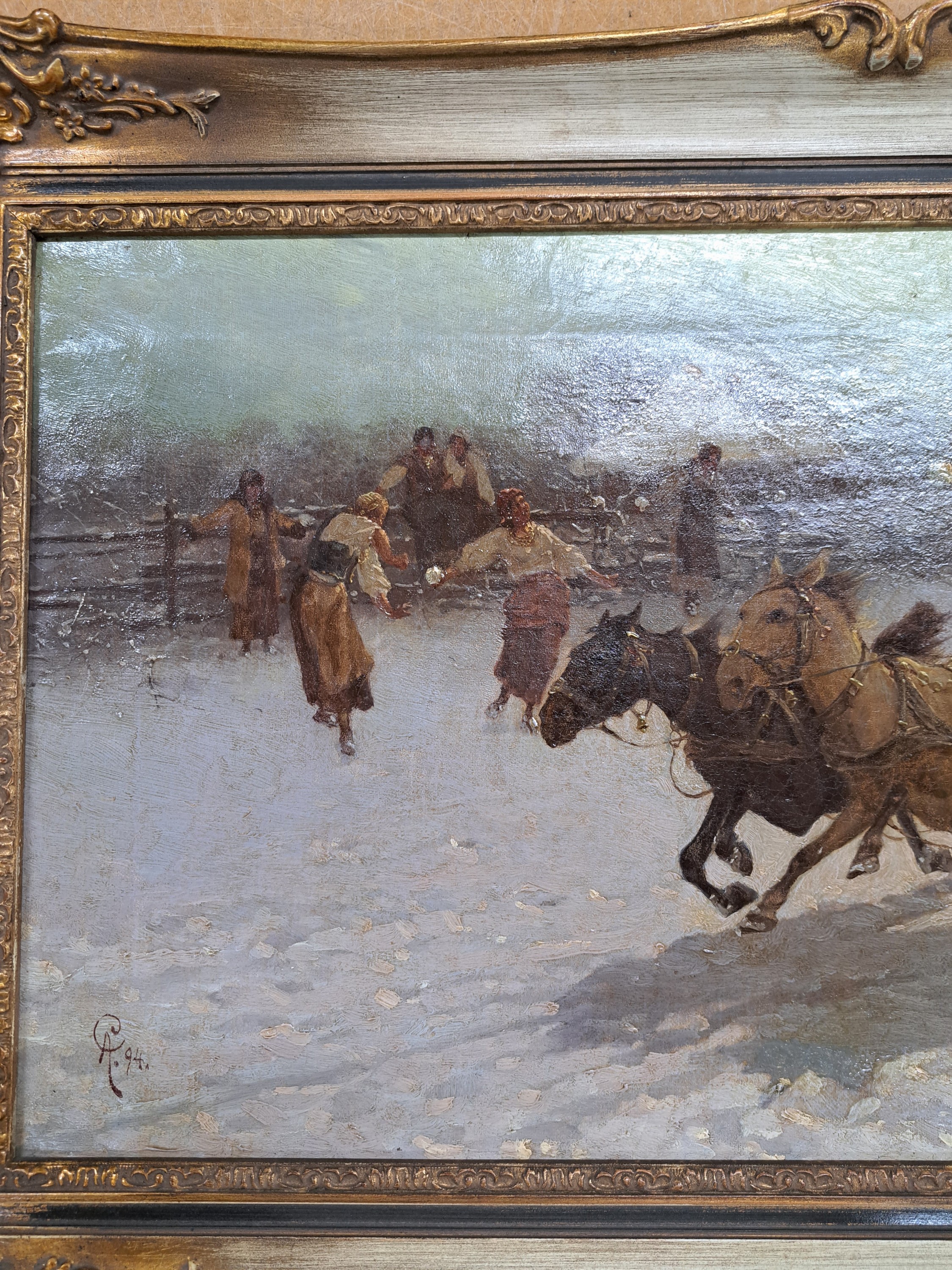 Detail a: Monogrammist AG, in der Art von Wierusz-Kowalski, datiert 1894, rasante Schlittenfahrt mit Schneeballschlacht, spielende Mädchen und Jungen bewerfen ...