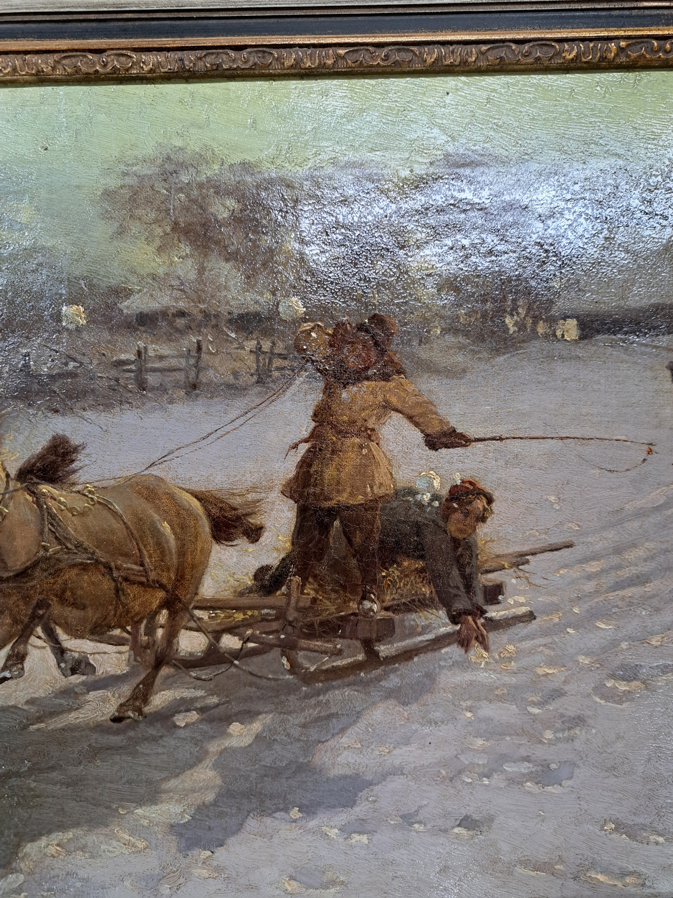 Detail b: Monogrammist AG, in der Art von Wierusz-Kowalski, datiert 1894, rasante Schlittenfahrt mit Schneeballschlacht, spielende Mädchen und Jungen bewerfen ...