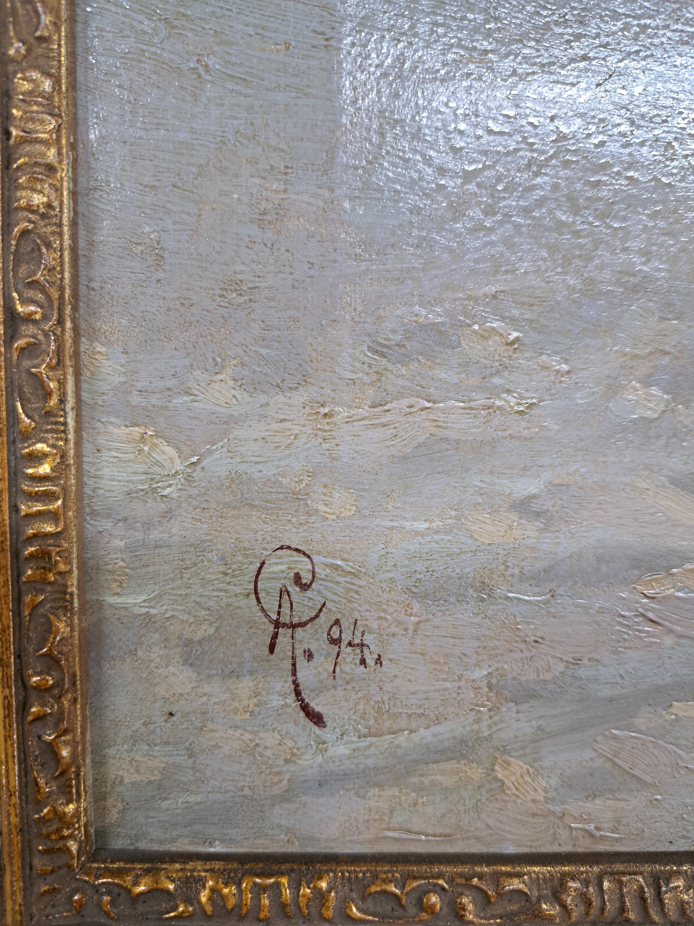 Detail d: Monogrammist AG, in der Art von Wierusz-Kowalski, datiert 1894, rasante Schlittenfahrt mit Schneeballschlacht, spielende Mädchen und Jungen bewerfen ...