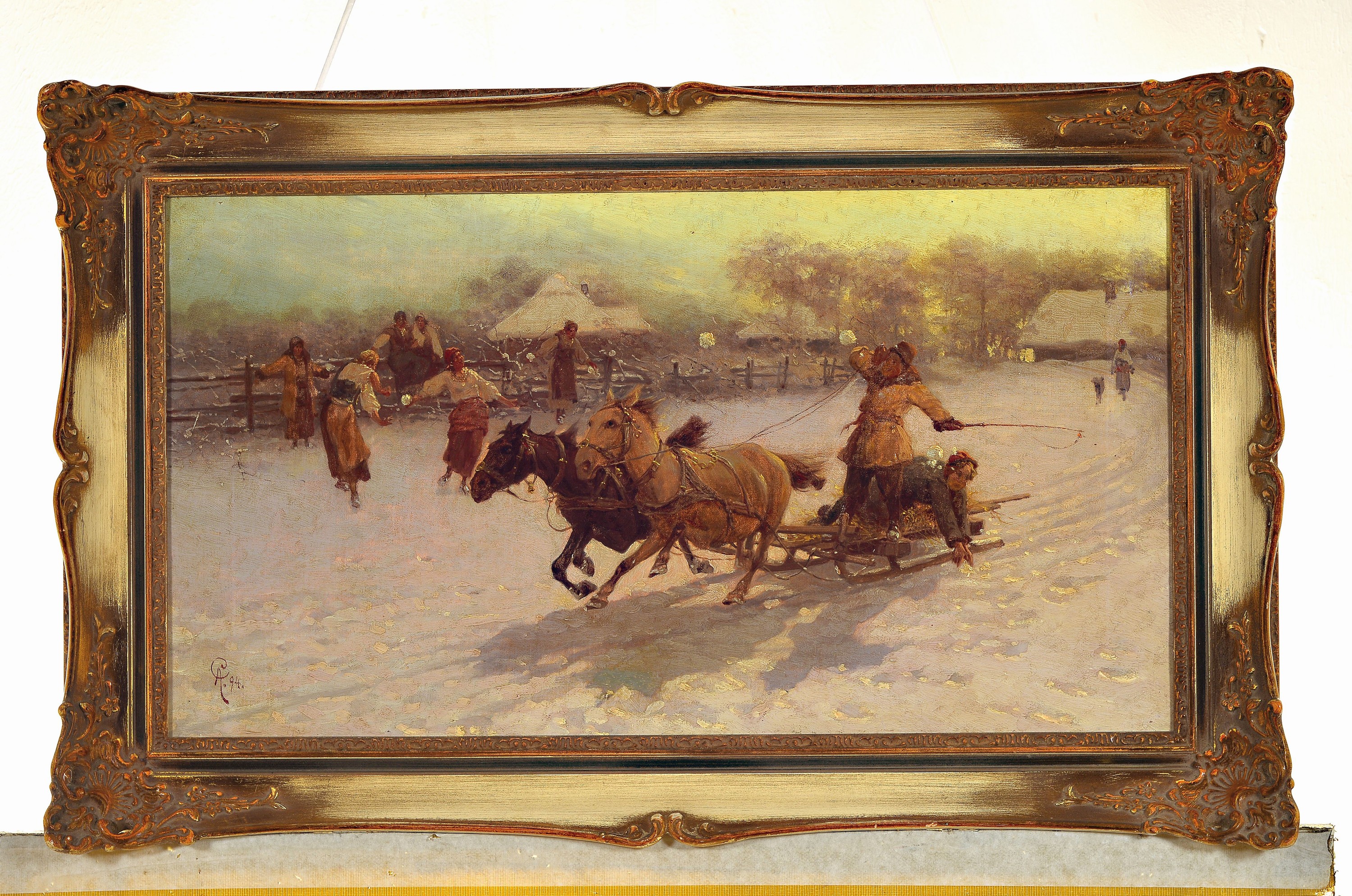 Detail k: Monogrammist AG, in der Art von Wierusz-Kowalski, datiert 1894, rasante Schlittenfahrt mit Schneeballschlacht, spielende Mädchen und Jungen bewerfen ...