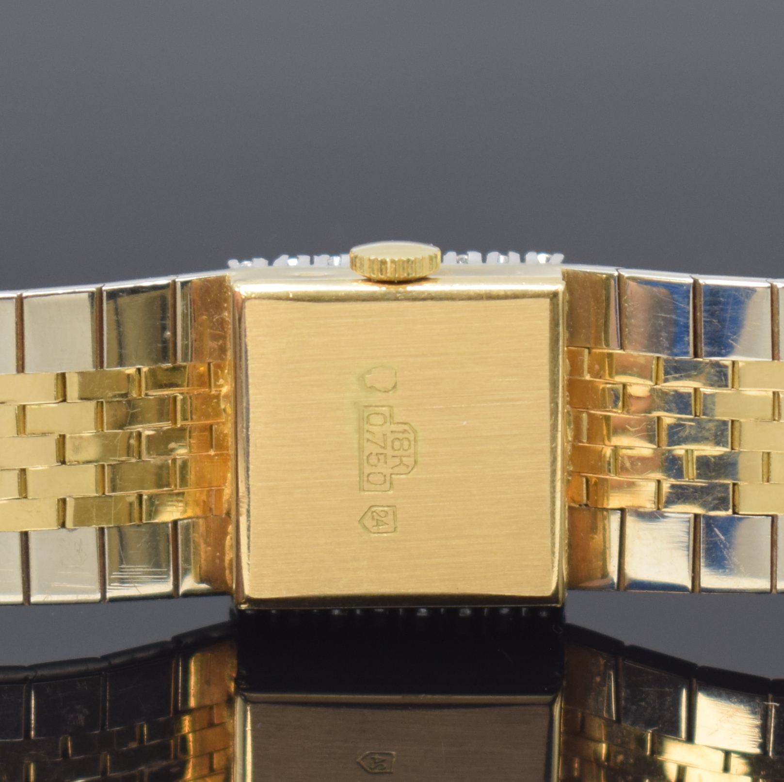 Detail c: OPTINA Diamantbesetzte Damenarmbanduhr in GG/WG 750/000, Schweiz um 1965, Handaufzug, quadrat. Geh., Boden aufgedr., anges. orig. Band in WG/GG ...