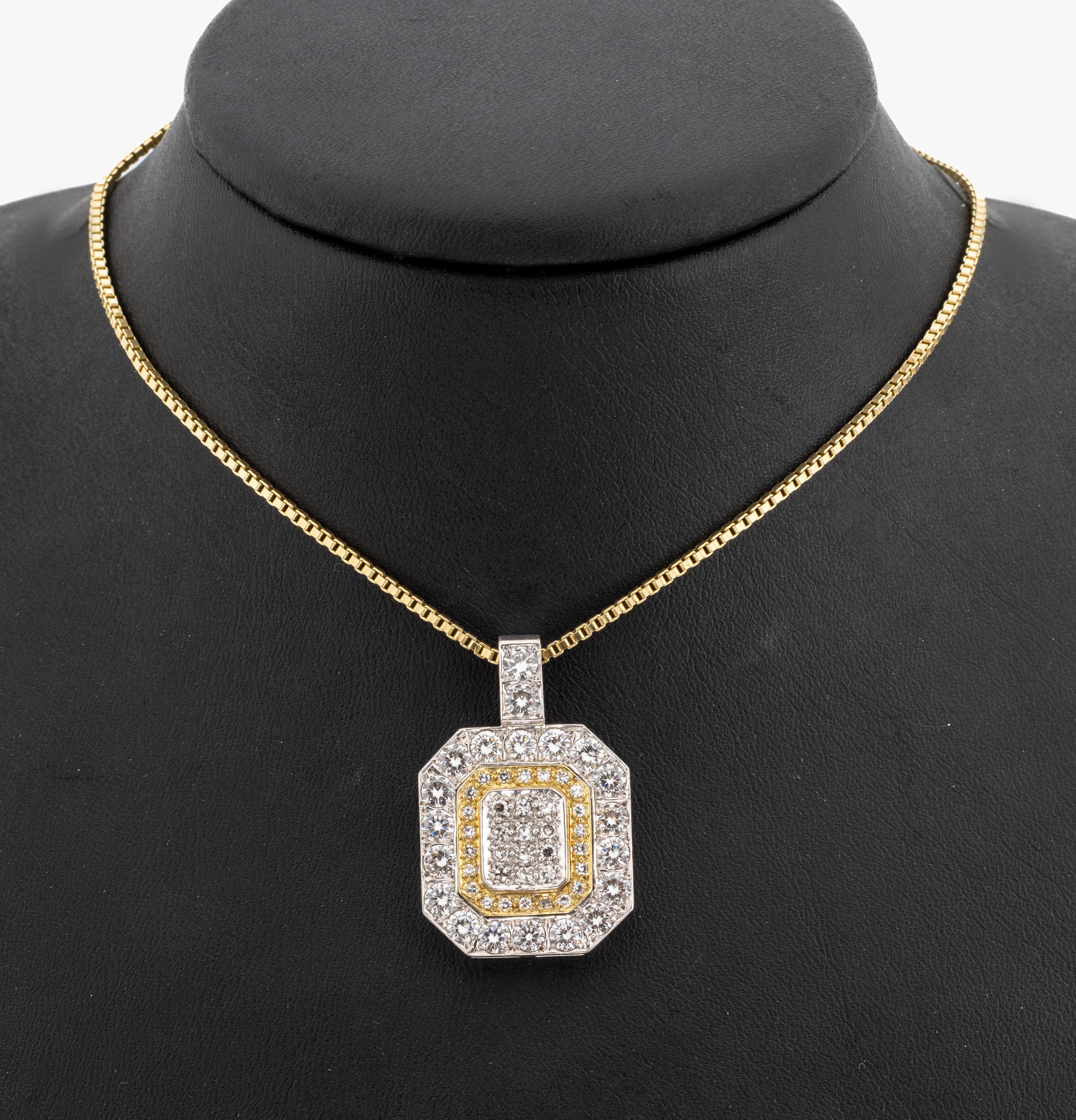 14 kt Gold Diamant-Anhänger, WG/GG 585/000,oktogonale Grundform in mehreren Ebenen, 20 Brillanten und 34 8/8-Diamanten zus. ca. 3.50 ct Weiß/si, ...