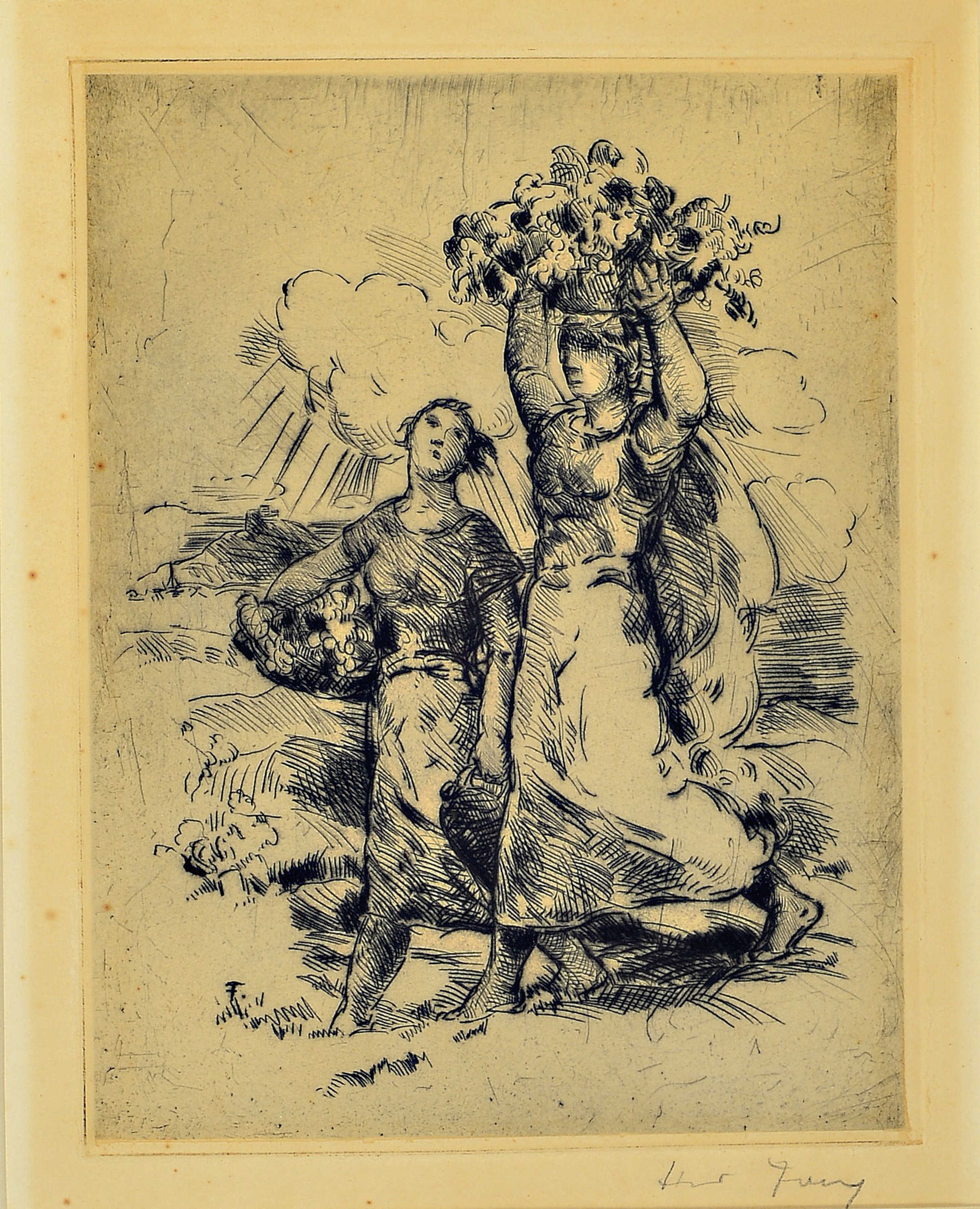 Hanns Fay, 1888 Frankenthal-1957 Neustadt, Radierung, Heimkehr von der Lese, zwei Frauen mit vollen Bütten, rechts unten signiert, Platte 32x25 cm, ...