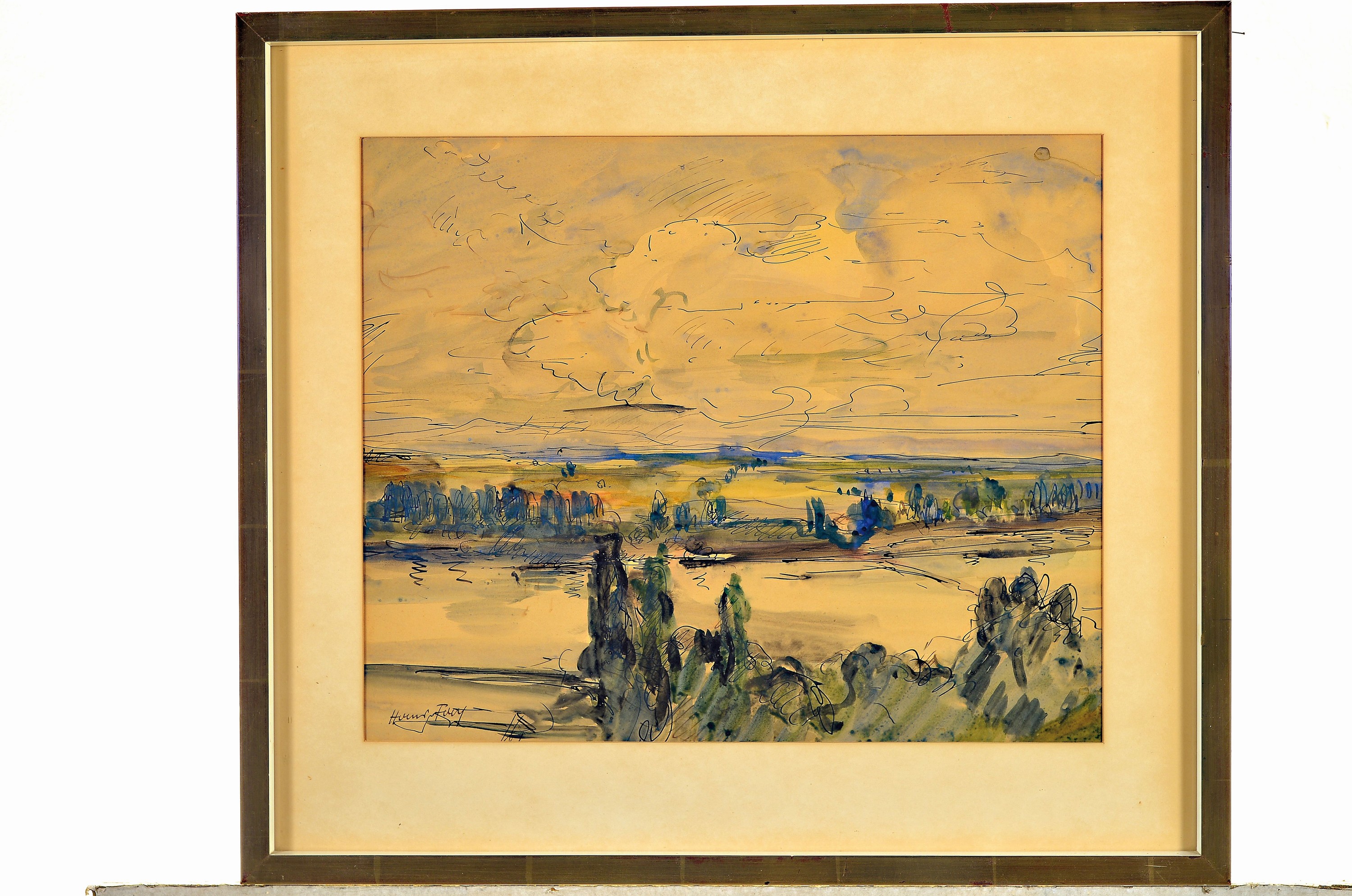 Detail k: Hanns Fay, 1888 Frankenthal-1957 Neustadt, Aquarell, Rhein- bzw. Altrheinlandschaft, links unten signiert, unter PP und Glas gerahmt 53x60 cm