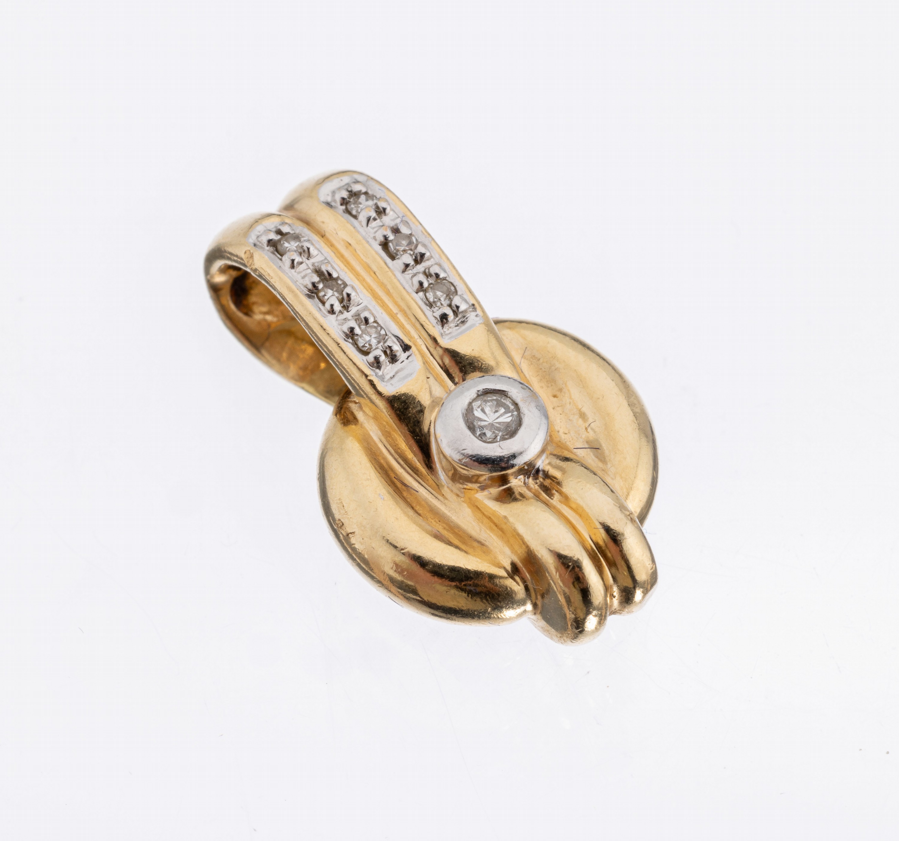 14 kt Gold Diamant-Anhänger, GG/WG 585/000,6 8/8-Diamanten und 1 Brillant zus. ca. 0.05 ct Weiß/p, L. ca. 2 cm, ca. 3.8 g