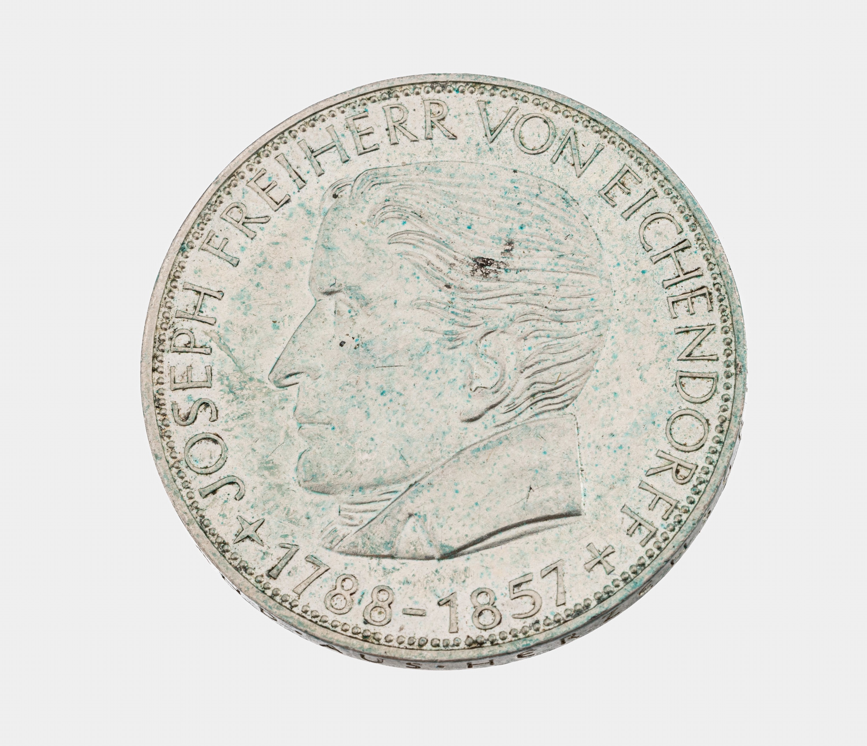 Silbermünze 5 Mark, Deutschland 1957, Freiherr von Eichendorff, angelaufen