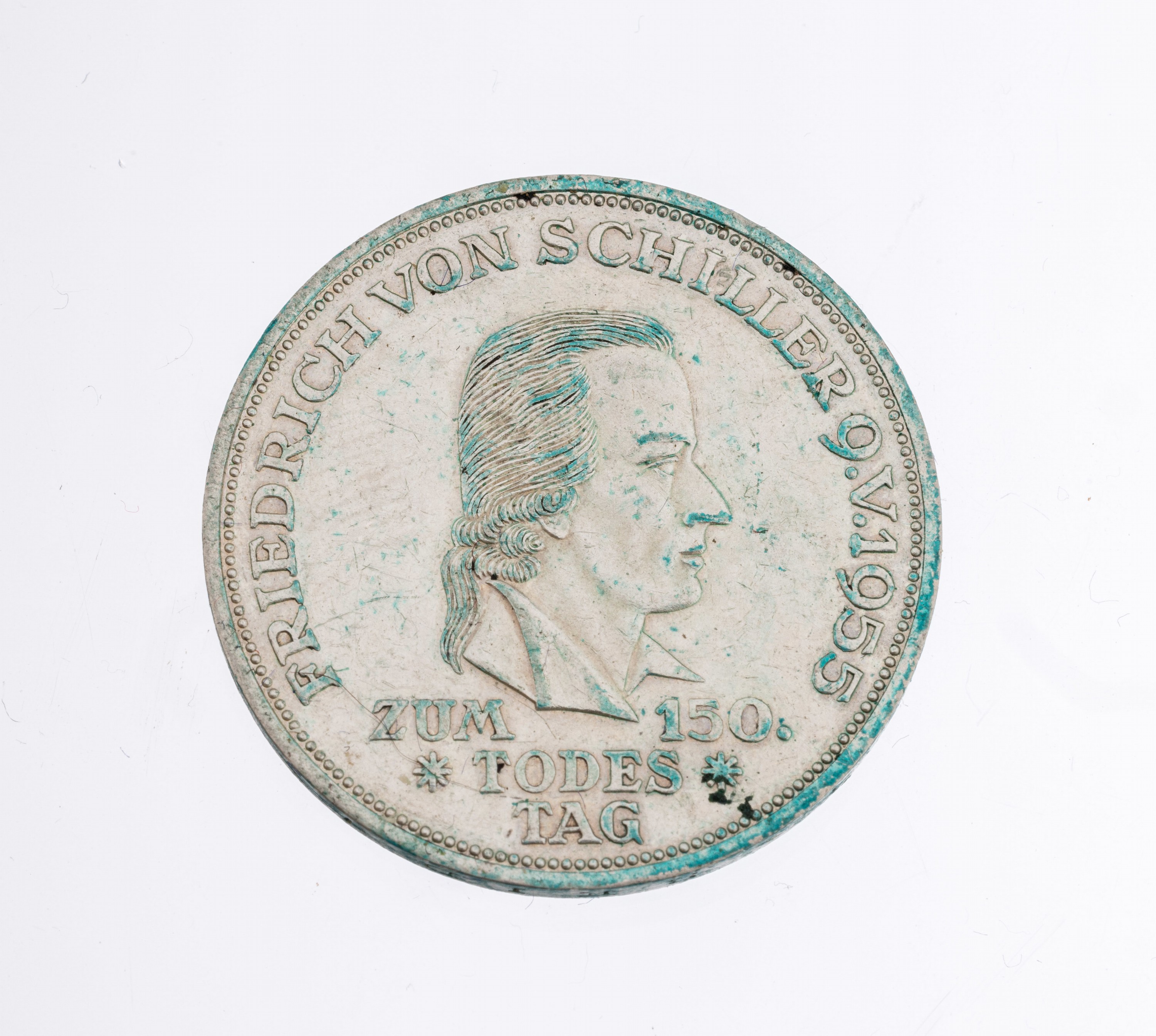Silbermünze 5 Mark, Deutschland 1955, zum 150. Todestag Friedrich Schillers, stark angelaufen
