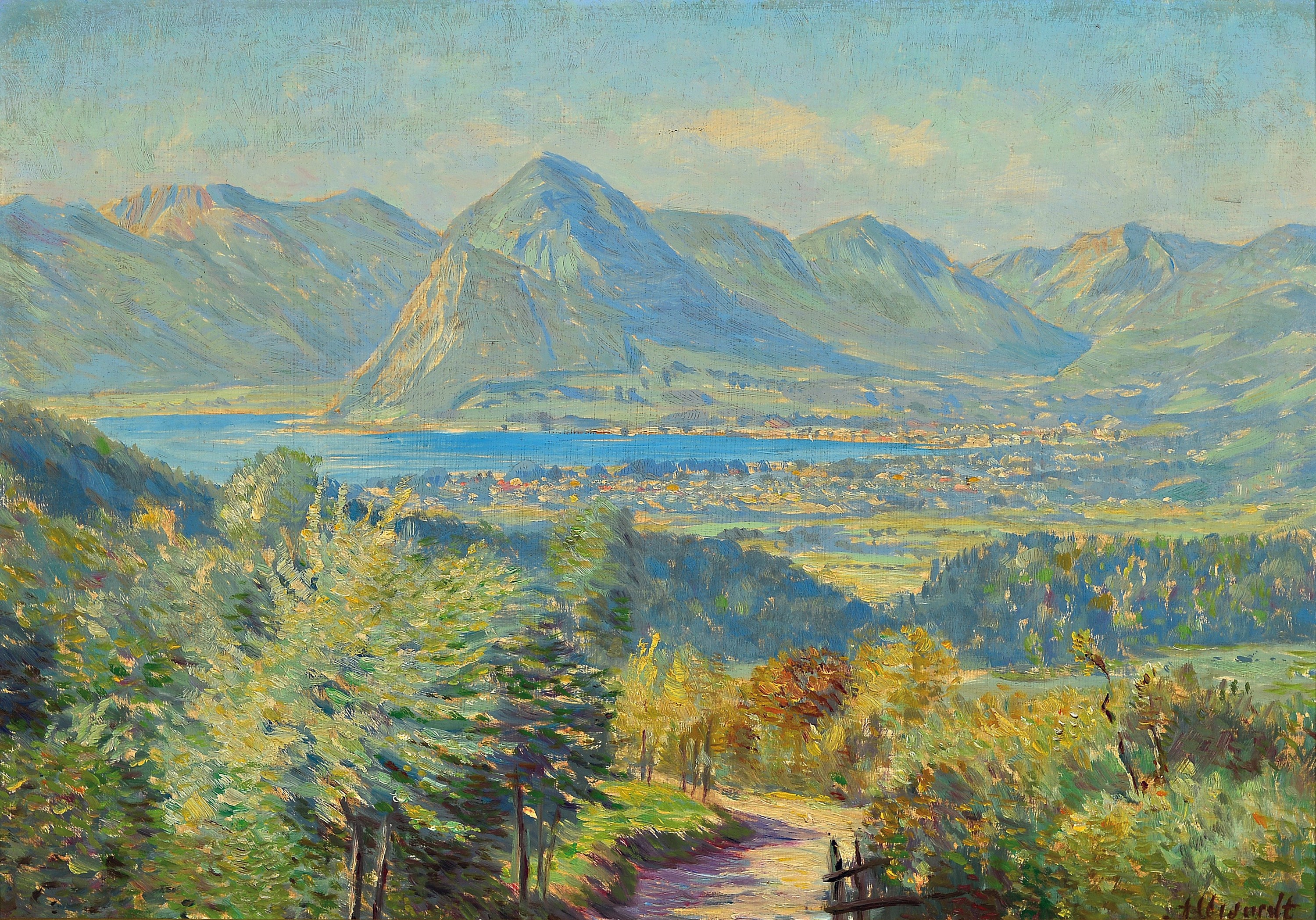 Rudolf Conrad Erich Allwardt, 1902 Malchin -1983 Amorbach, Studium an der Kunstgewerbeschule München und Schüler am Bauhaus Weimar, Seenlandschaft, ...