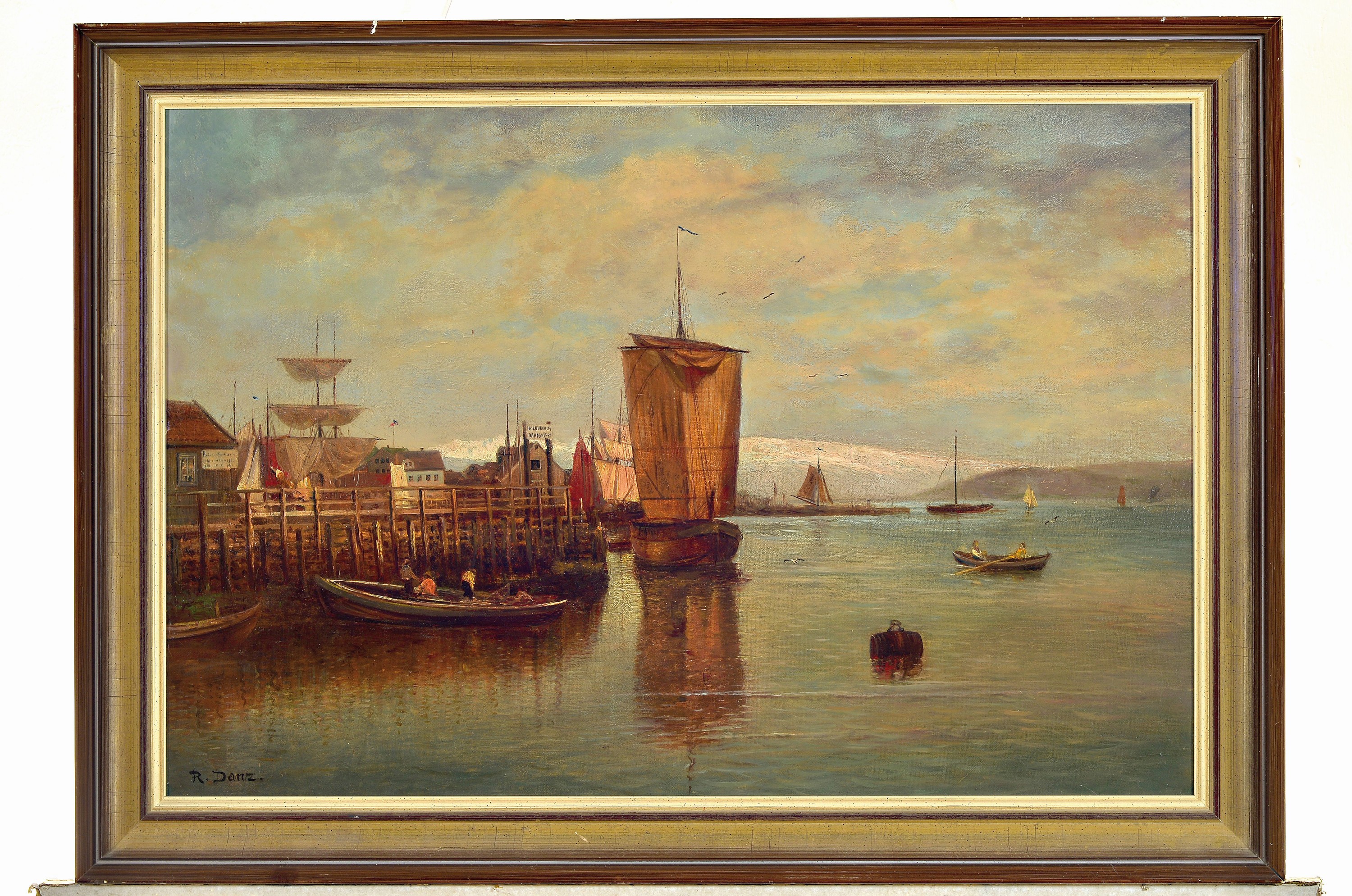 Detail k: Robert Danz, 1841 Oberweißbach-1916 Bad Kreuznach, Studium an der Akademie Weimar, Hafenansicht mit Bergen im Hintergrund, Öl/Lwd rest., links ...