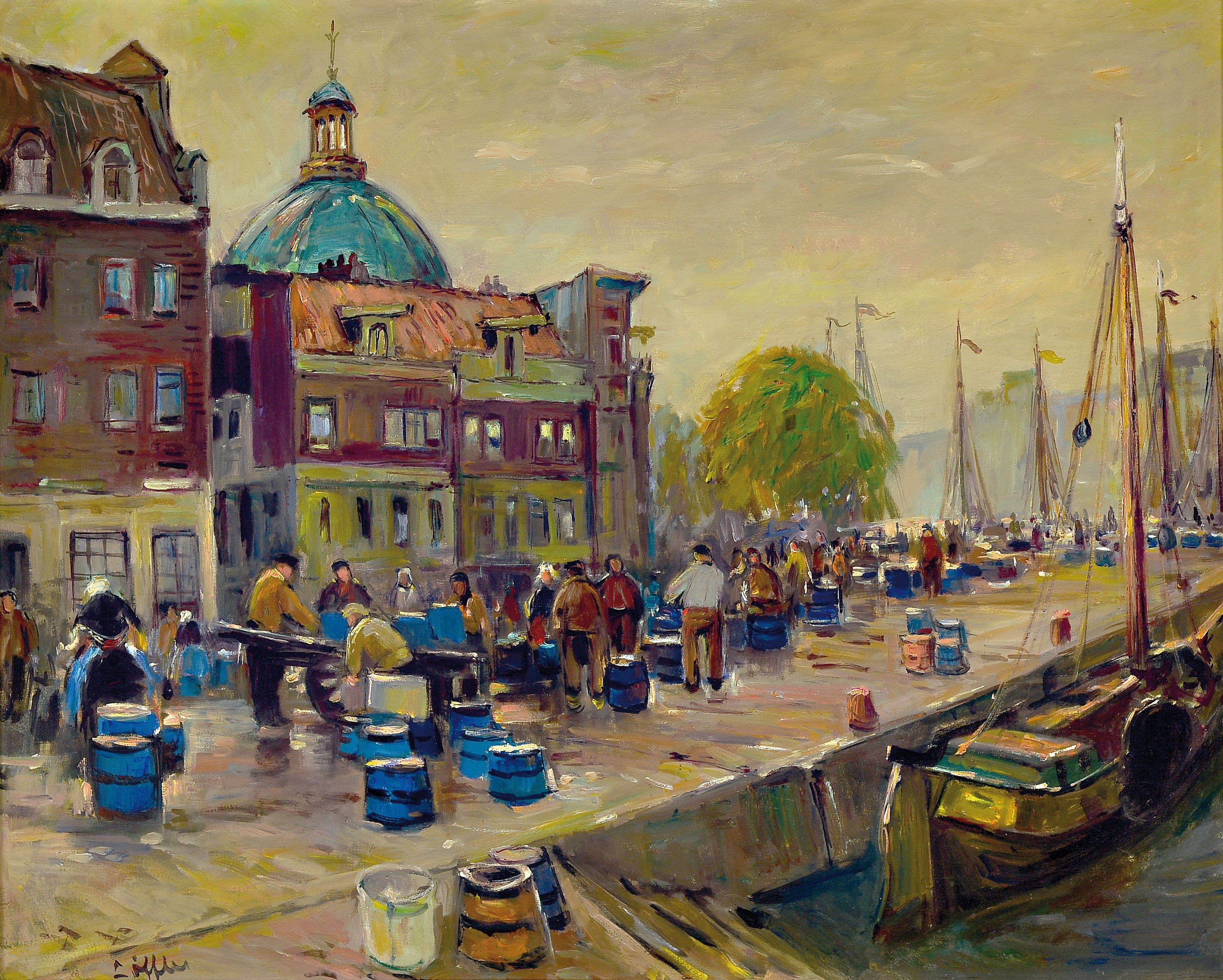 Paul Löffler, 1920 Mannheim-1995 Speyer, Ansicht des Mannheimer Hafens mit Blick auf den Kirchturm der Jesuitenkirche, hintergründig Silhouette des ...
