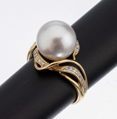 Image 26839836 - 14 kt Gold Perl-Brillant-Ring, GG 585/000, mittig Südseezuchtperle, D. ca. 12 mm, ...