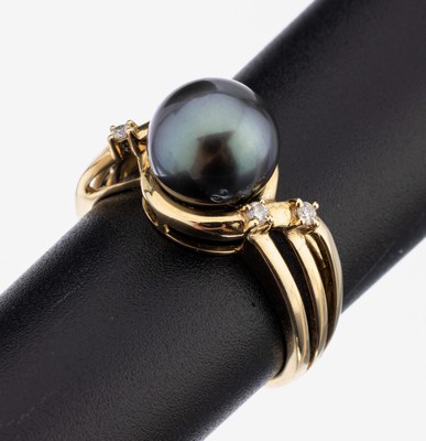 Image 26839837 - 14 kt Gold Perl-Brillant-Ring, GG 585/000, mittig Tahitizuchtperle, D. ca. 9 mm, 4 ...