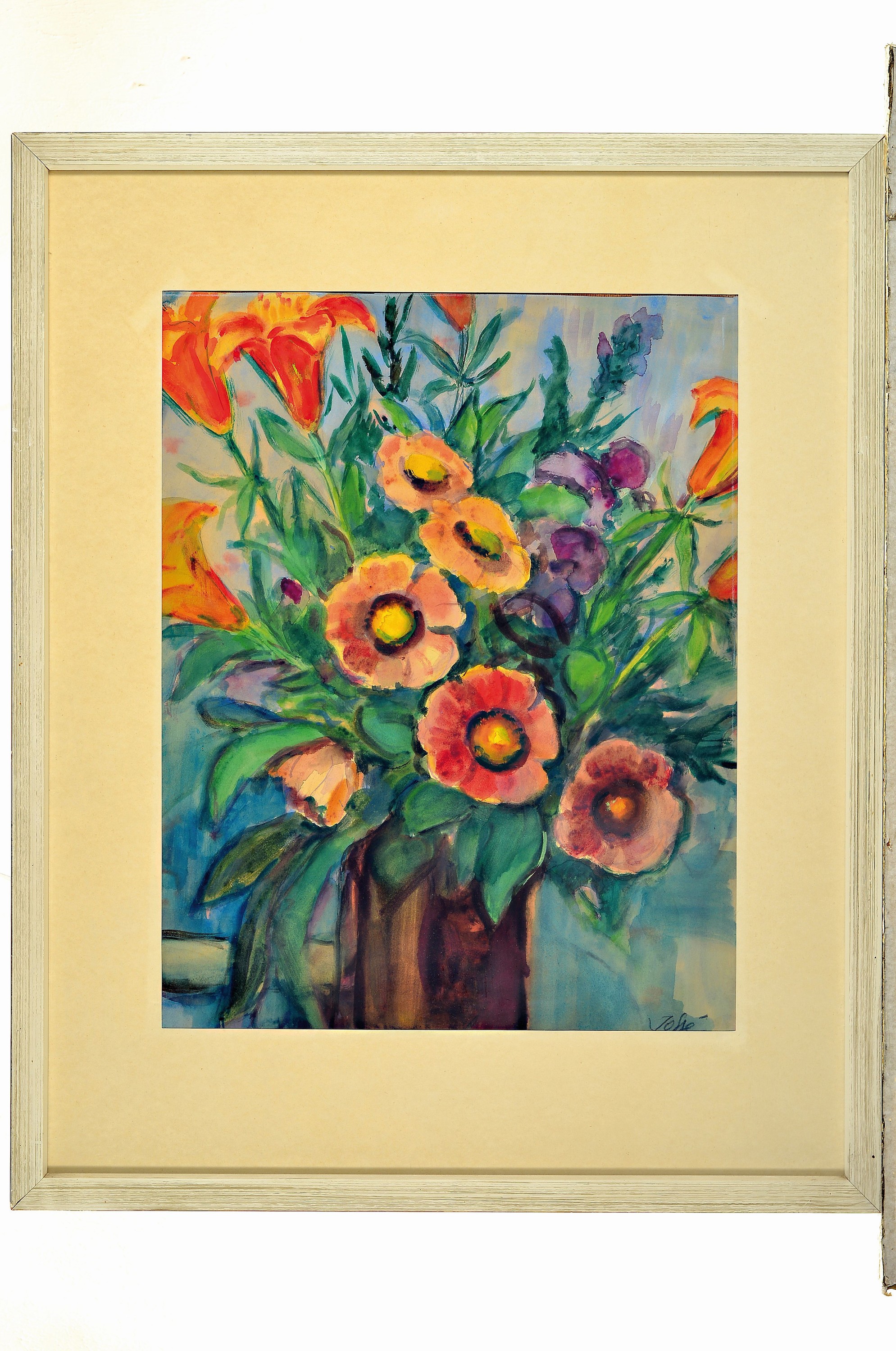 Detail k: Friedrich Josse, 1897 Wolfenstein-1994 Speyer , Aquarell, Blumenstillleben, rechts unten signiert, unter PP und Glas gerahmt 68x55 cm