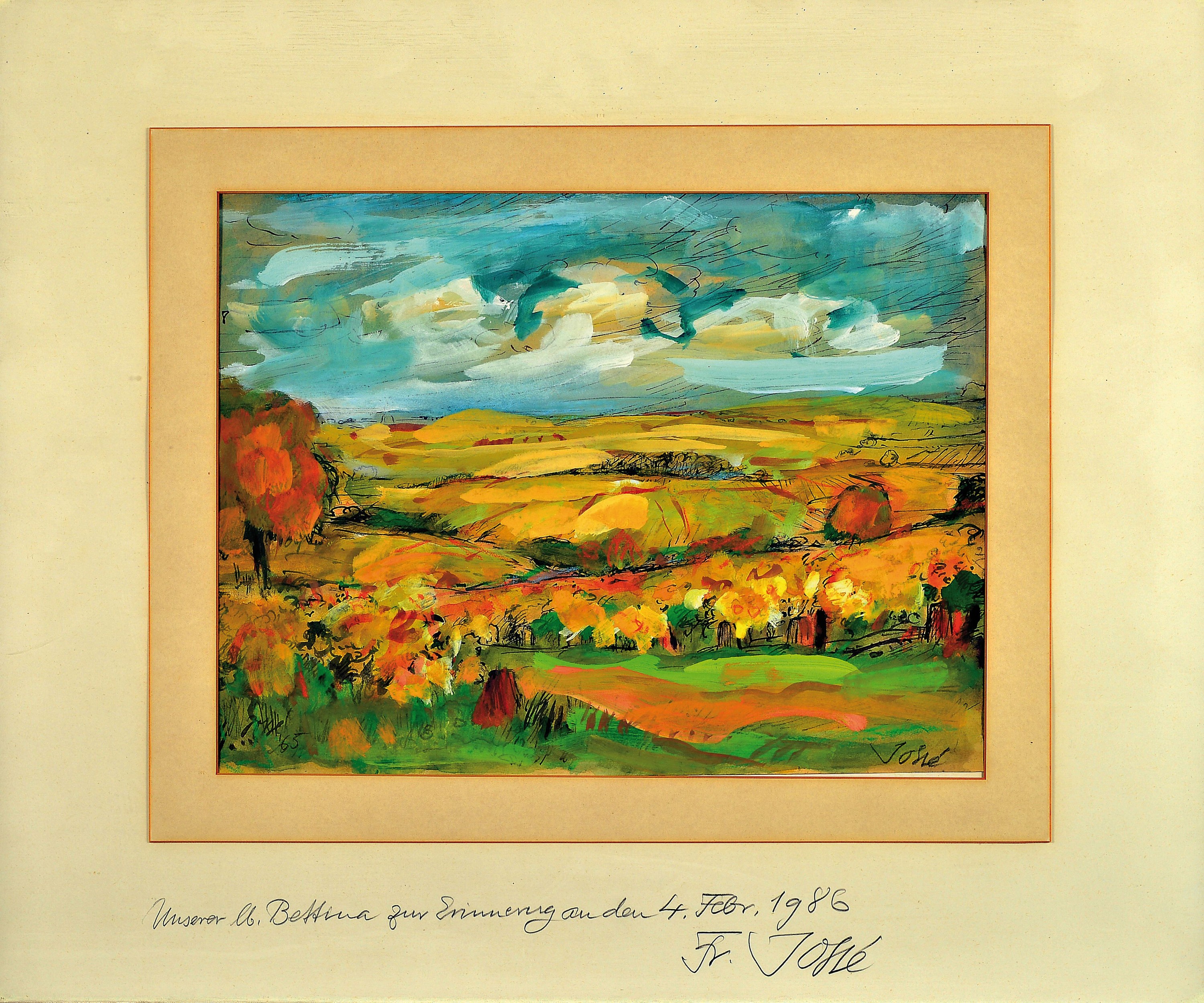 Detail a: Friedrich Josse, 1897 Wolfstein-1994 Speyer,2 Aquarelle, herbstliche Pfalzlandschaft, 1965, PP mit Widmungn von 1986, 29x37 cm, unter Glas 54x62 cm; ...