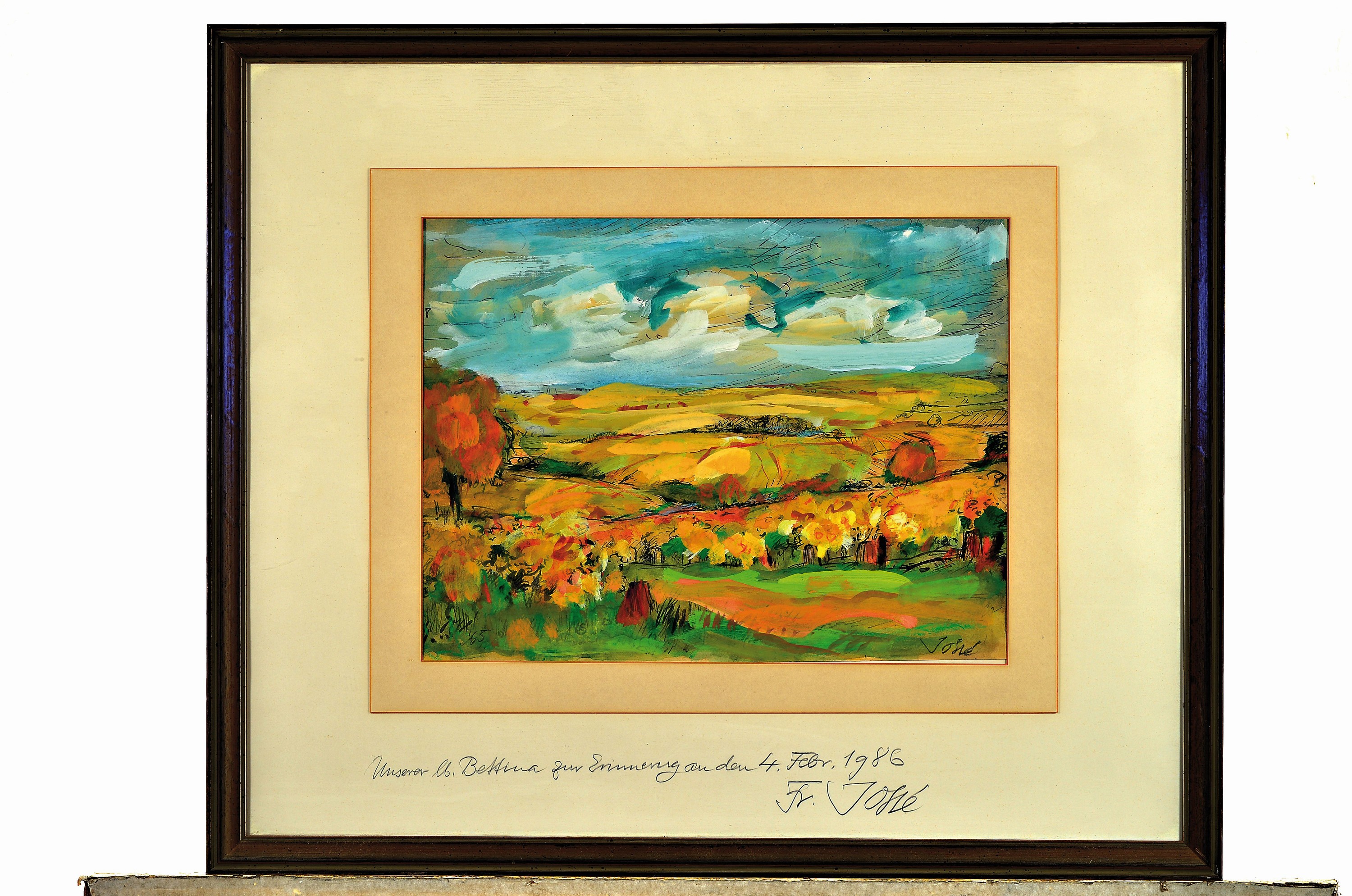 Detail l: Friedrich Josse, 1897 Wolfstein-1994 Speyer,2 Aquarelle, herbstliche Pfalzlandschaft, 1965, PP mit Widmungn von 1986, 29x37 cm, unter Glas 54x62 cm; ...