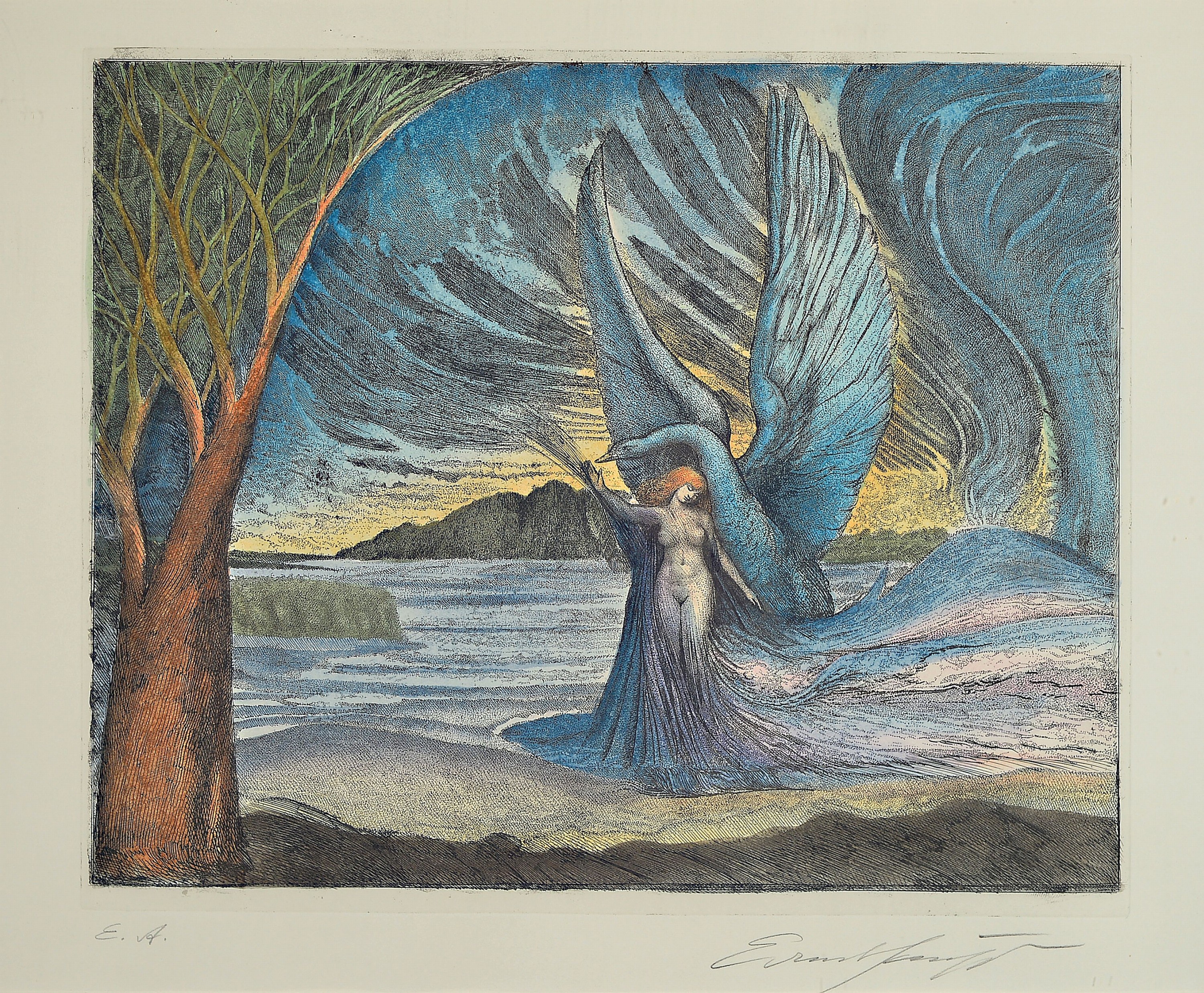 Ernst Fuchs, 1930-2015, Farbradierung "Leda und der Schwan", E.A., handsign., unter Glas gerahmt 56x67 cm