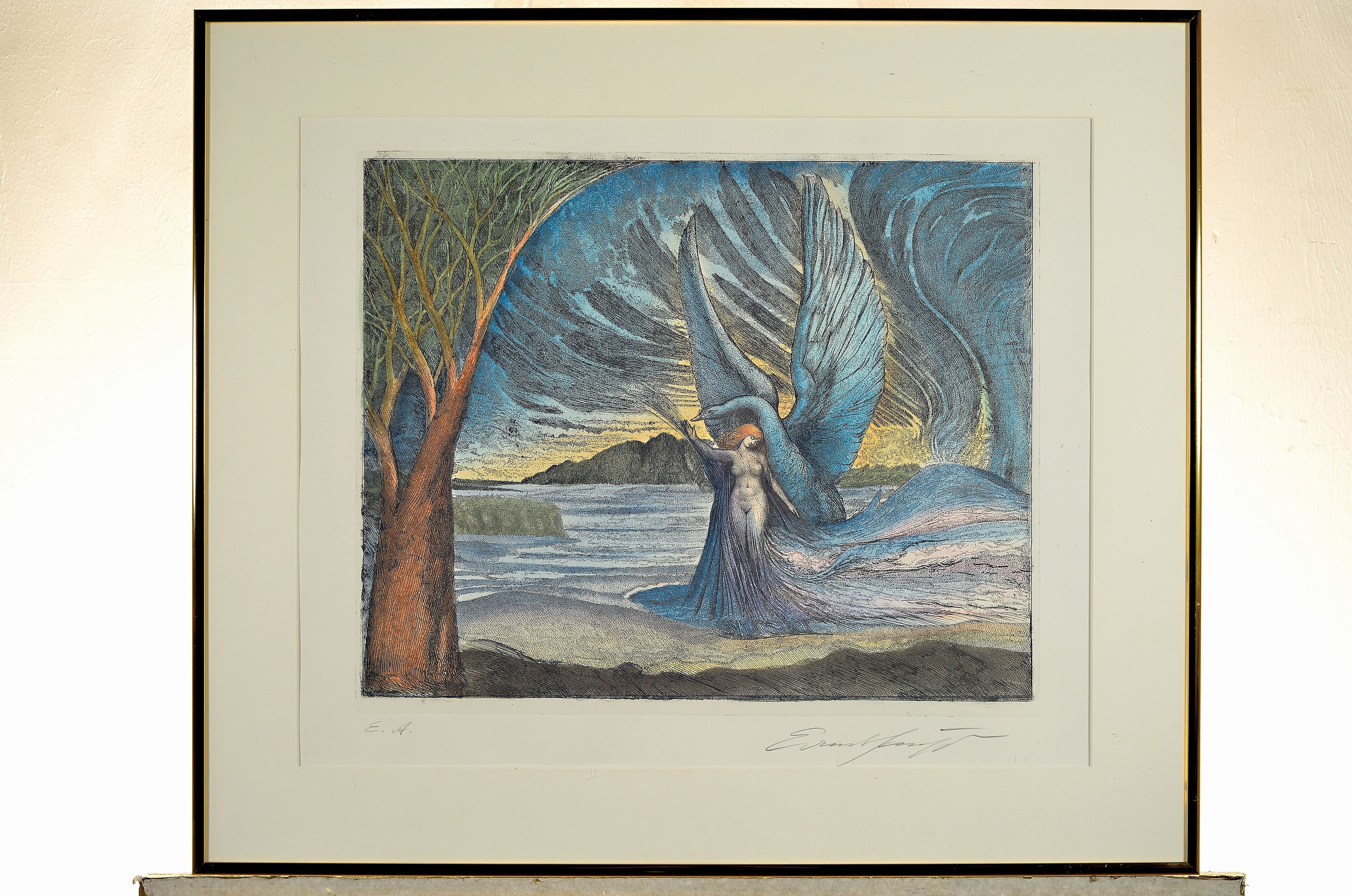 Detail k: Ernst Fuchs, 1930-2015, Farbradierung "Leda und der Schwan", E.A., handsign., unter Glas gerahmt 56x67 cm