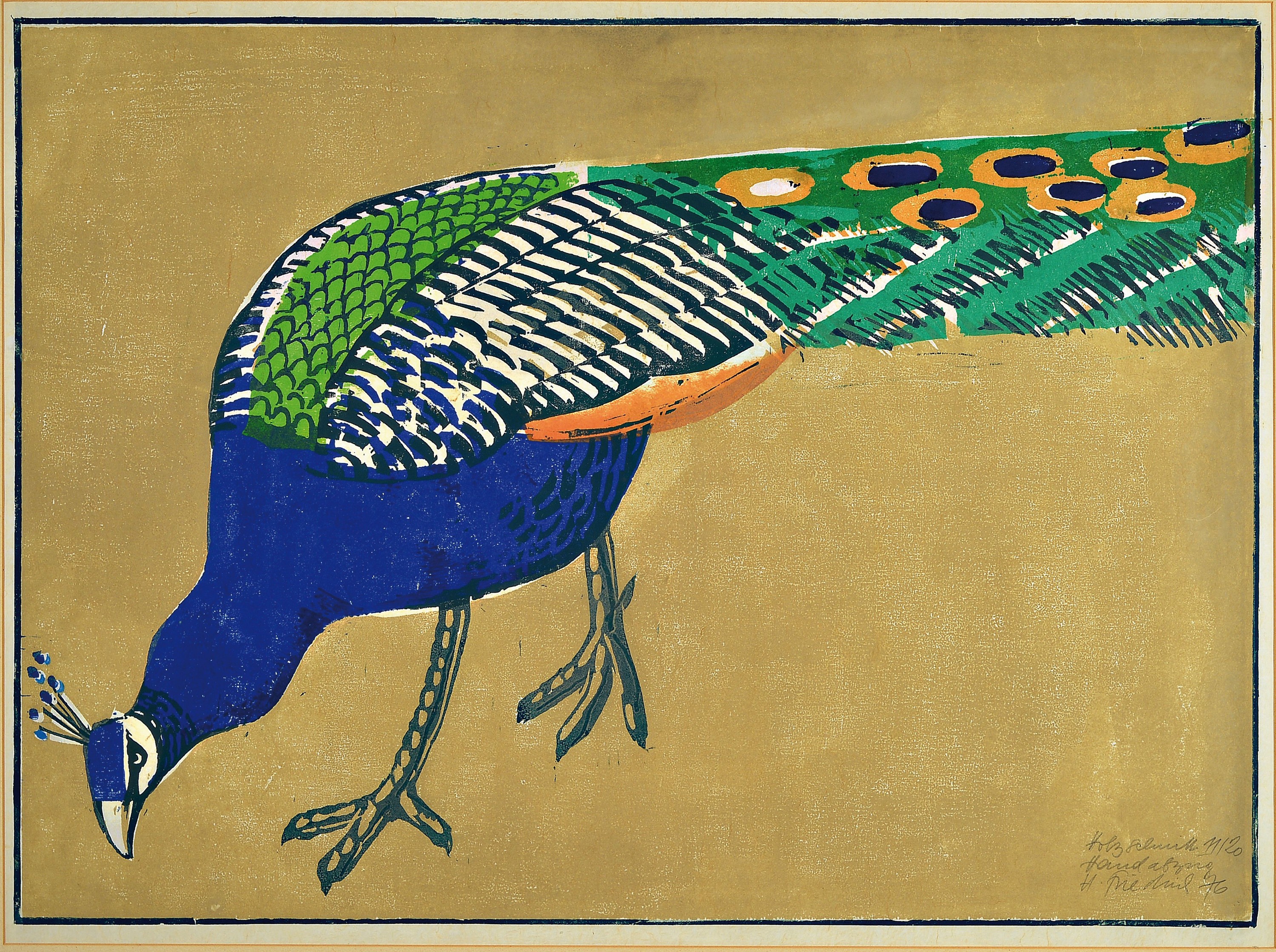 Heinz Friedrich, 1924-2018 Schwetzingen, Farbholzschnitt, "Der Pfau", 1976, eines von 20 handabgezogenen Exemplaren, Ed. 11/20, ...