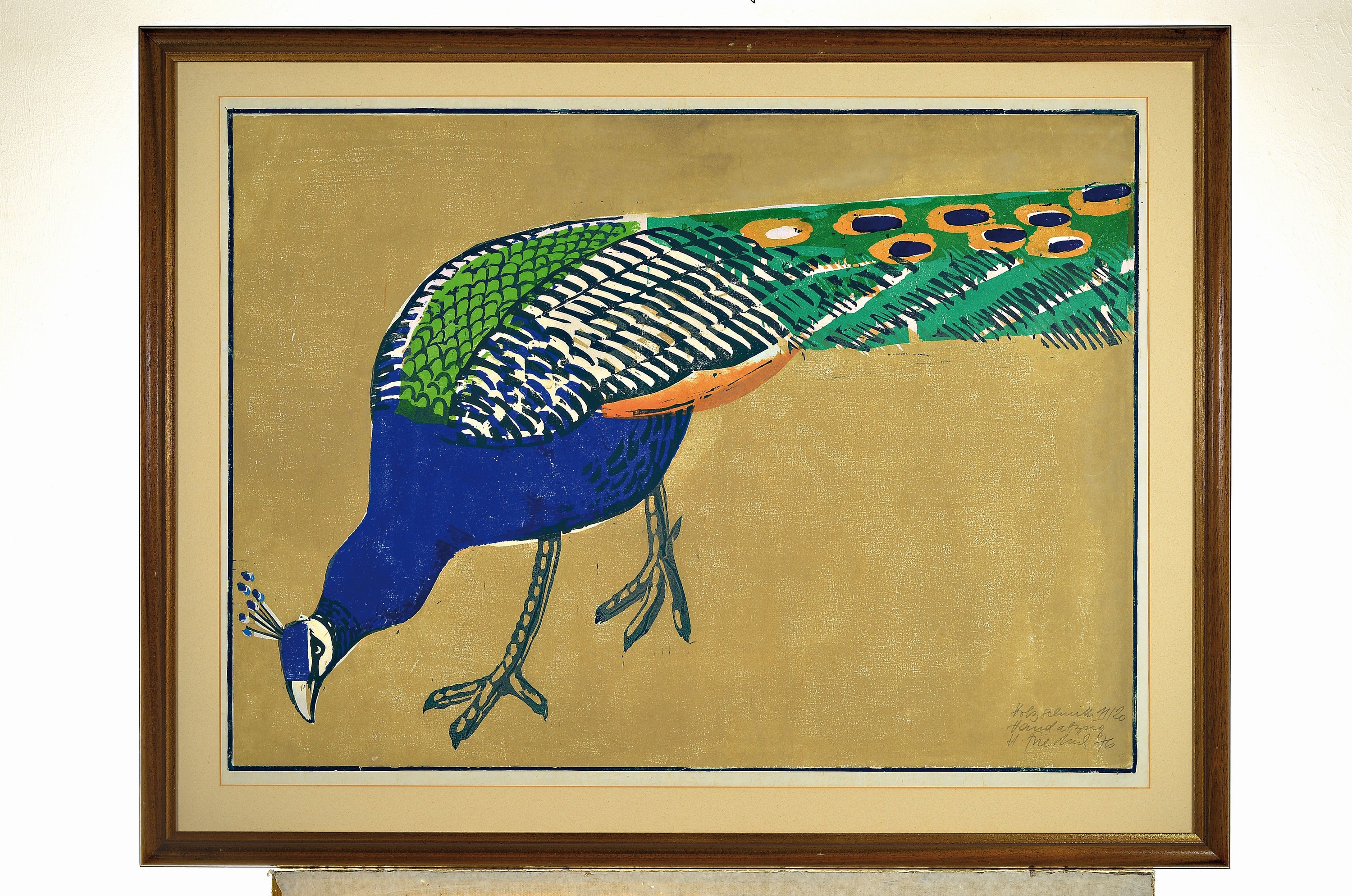 Detail k: Heinz Friedrich, 1924-2018 Schwetzingen, Farbholzschnitt, "Der Pfau", 1976, eines von 20 handabgezogenen Exemplaren, Ed. 11/20, ...