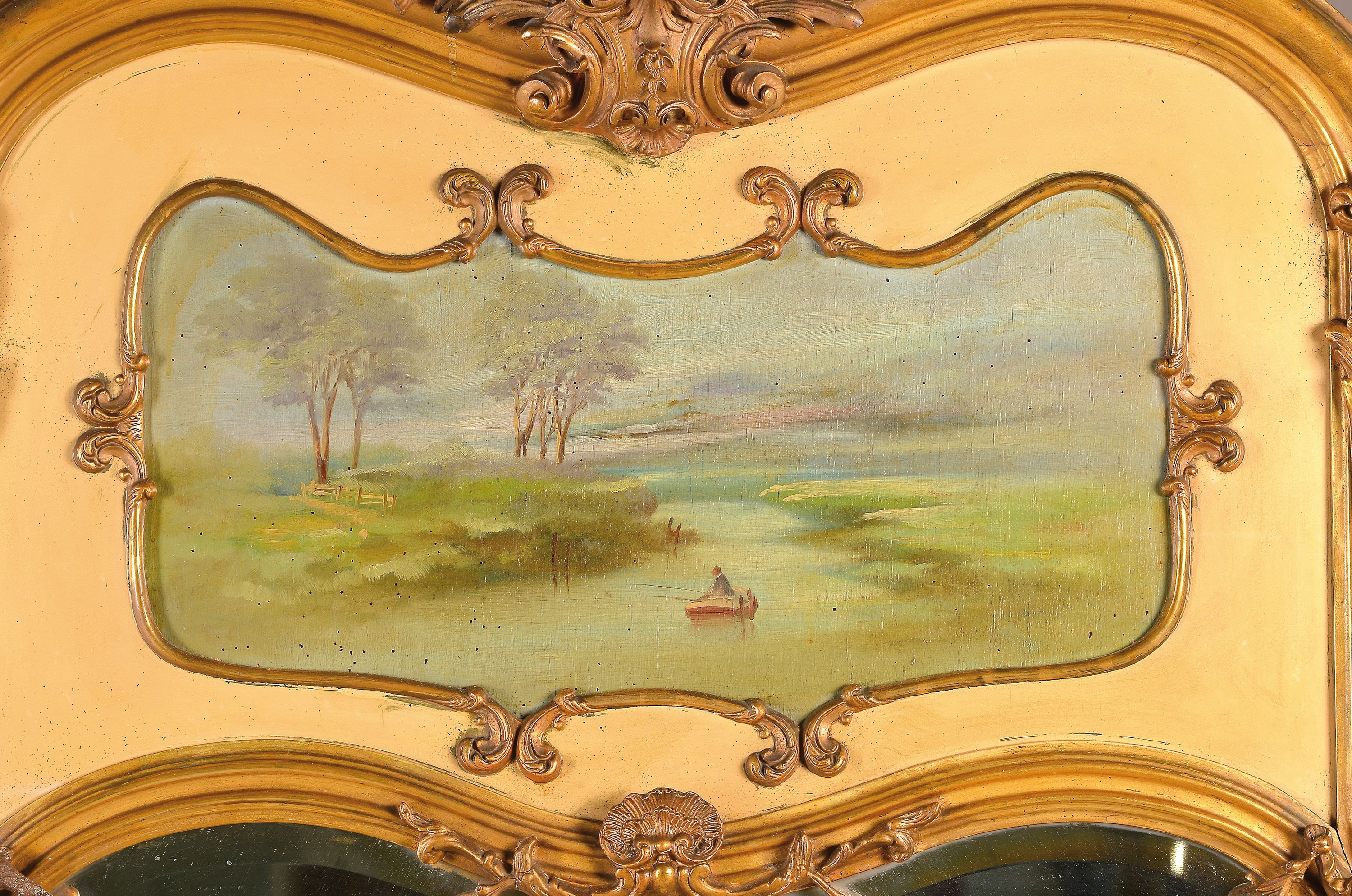 Detail a: Großes Trumeau, Frankreich, 2. Hälfte 19. Jh., nach Vorbild von Louis XV., Holz und Stuck, mit Engelsskulpturen dekoriert, Gemäldeeinsatz, ca. 182 ...