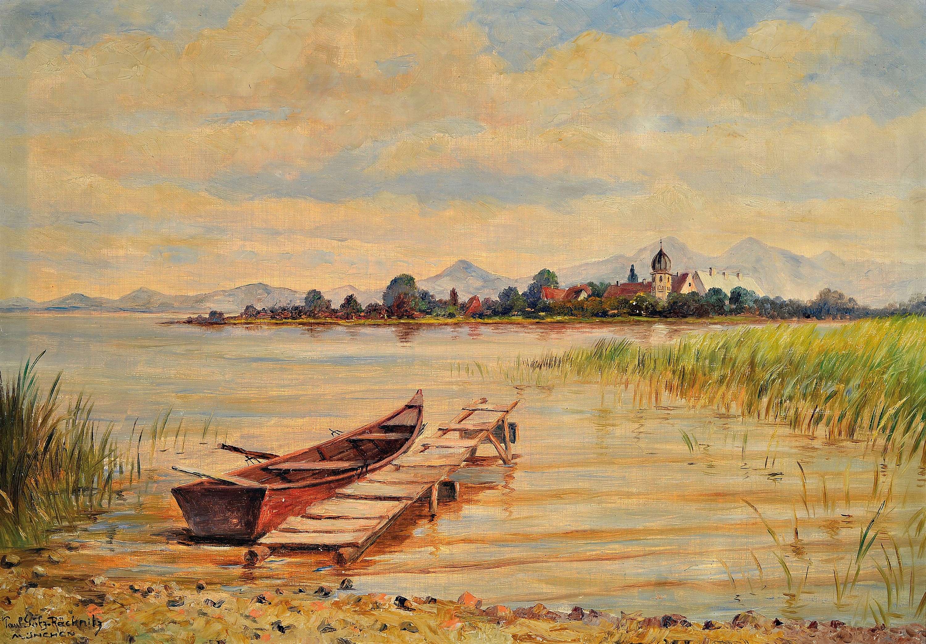 Paul Götz-Räcknitz, 1873 Räcknitz-1952 München, Chiemseelandschaft, Blick vom Ufer auf dieFraueninsel, links unten signiert, Öl/Lwd, Rahmen ...