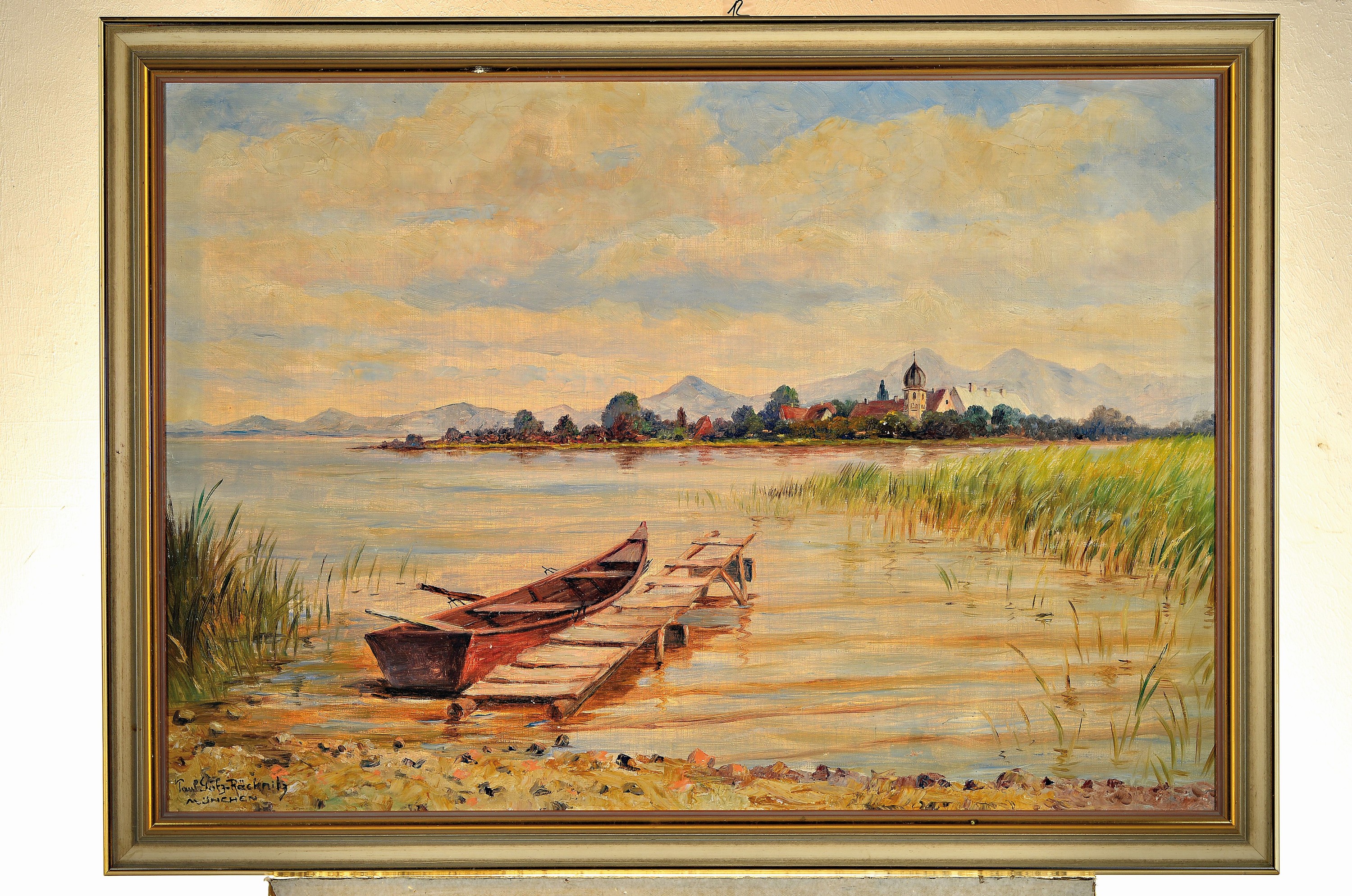 Detail k: Paul Götz-Räcknitz, 1873 Räcknitz-1952 München, Chiemseelandschaft, Blick vom Ufer auf dieFraueninsel, links unten signiert, Öl/Lwd, Rahmen ...