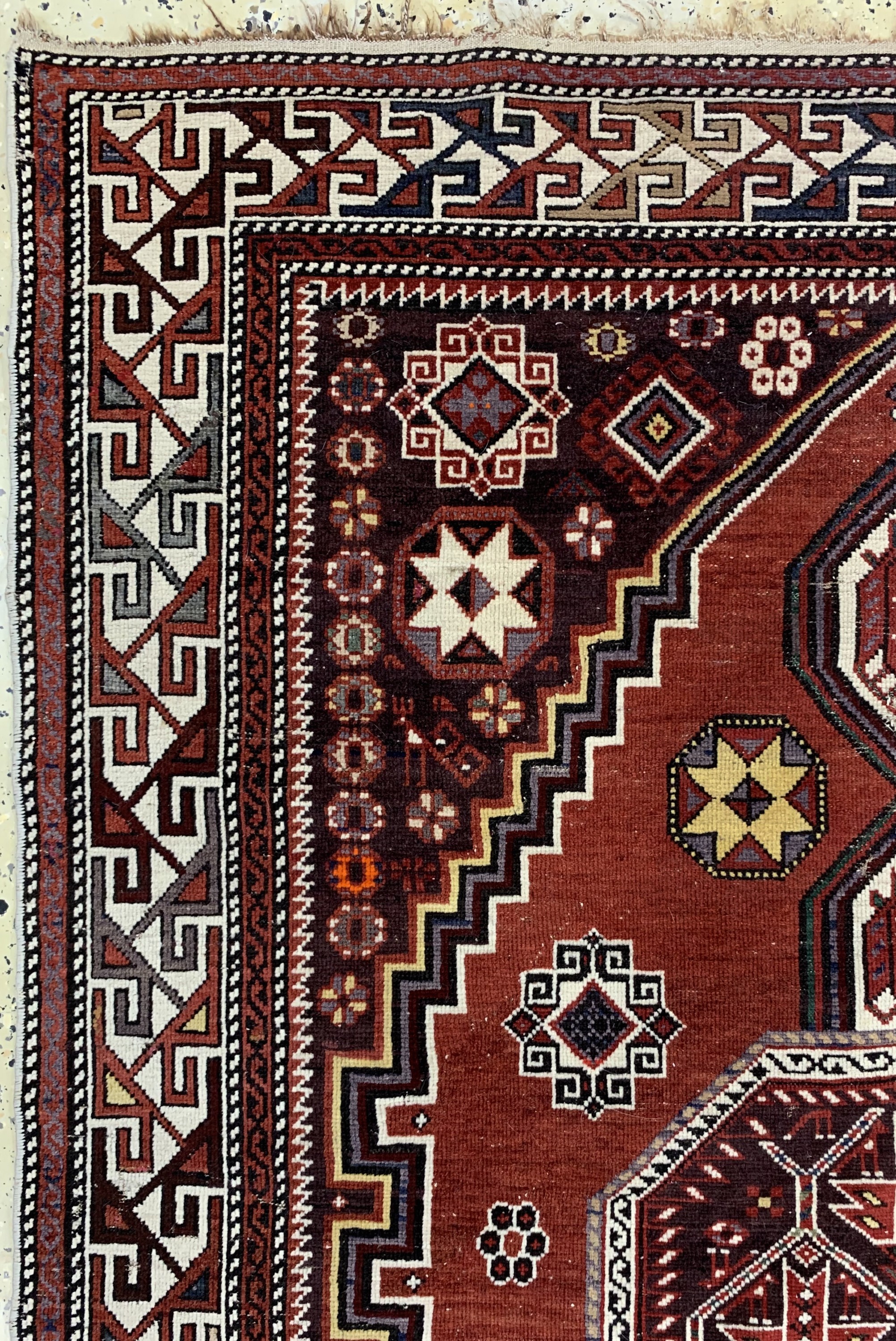 Detail d: "Tachteh"Schirwan, Kaukasus, um 1900, Wolleauf Wolle, ca. 230 x 141 cm, EHZ: 3(geflickt).