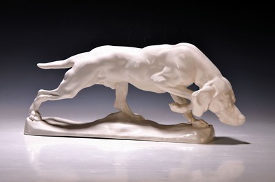 Image Large porcelain figure, Nymphenburg, signed. H. Behrens, hunting dog on the prowl, white, ...