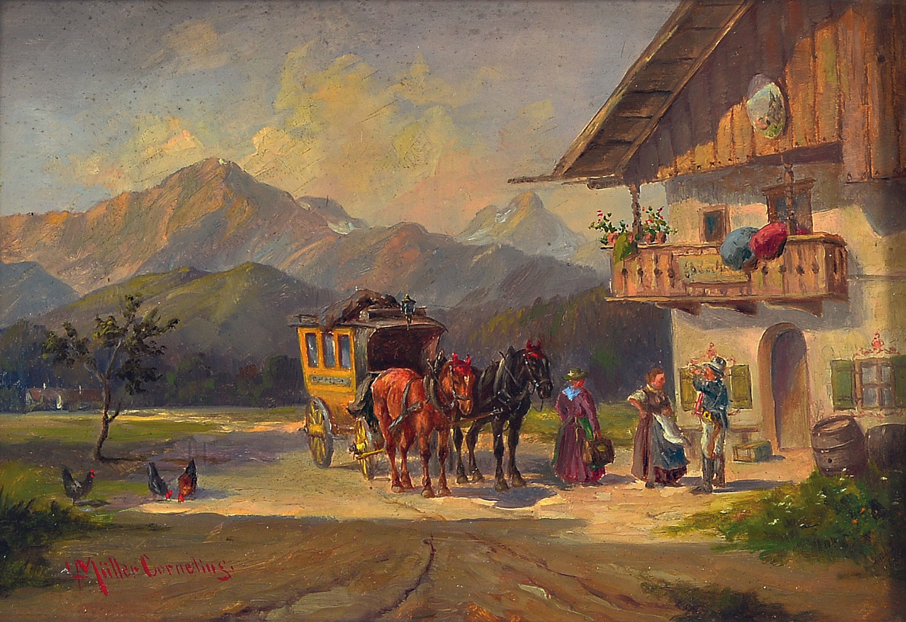 Ludwig Müller-Cornelius, 1864-1946 München, Voralpenlandschaft, Postkutsche vor Gasthof, links unten signiert, Öl/Holzplatte, 14x21 cm, Rahmen ...