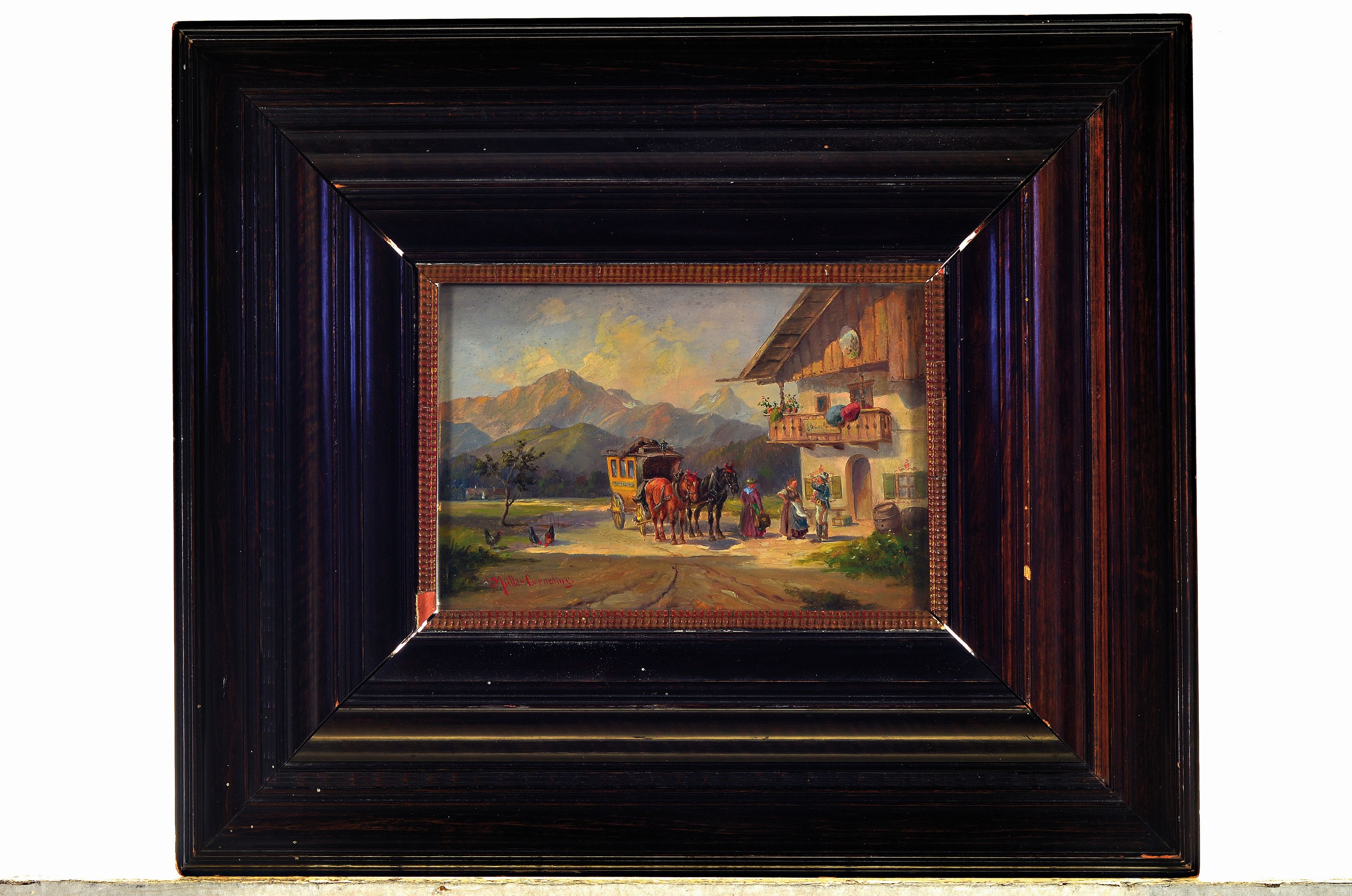 Detail k: Ludwig Müller-Cornelius, 1864-1946 München, Voralpenlandschaft, Postkutsche vor Gasthof, links unten signiert, Öl/Holzplatte, 14x21 cm, Rahmen ...