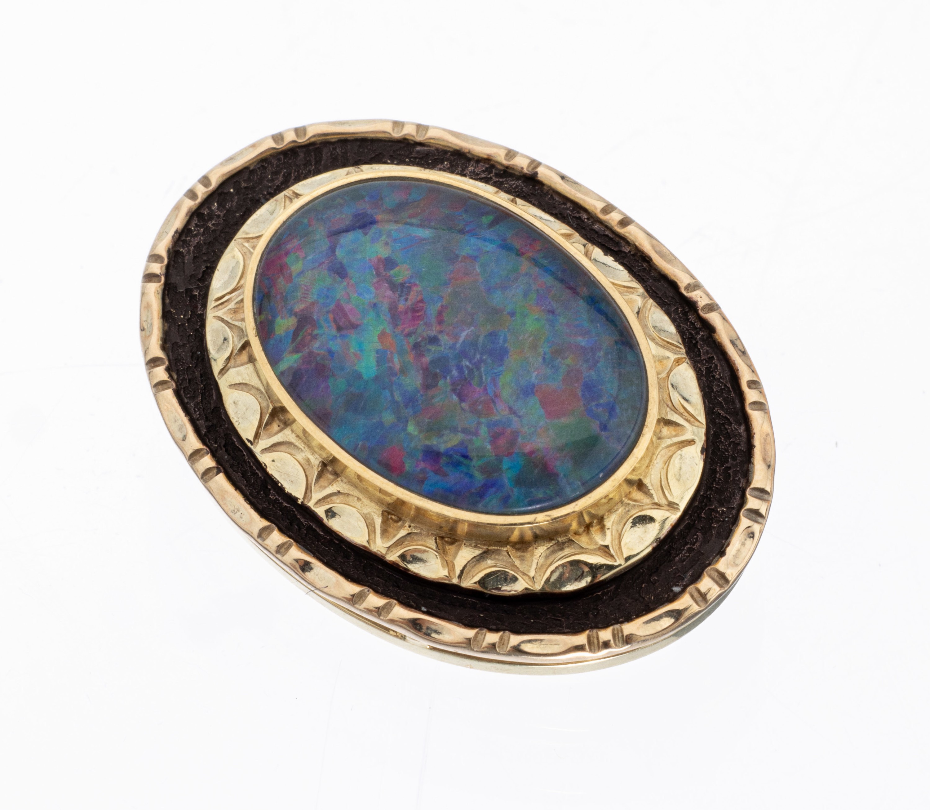 14 kt Gold Opal-Anhänger/Brosche, GG 585/000, z.T. geschwärzt, ovale Opaltriplette,Fassung graviert, ca. 2.8 x 2.0 cm, ca. 8.9 g