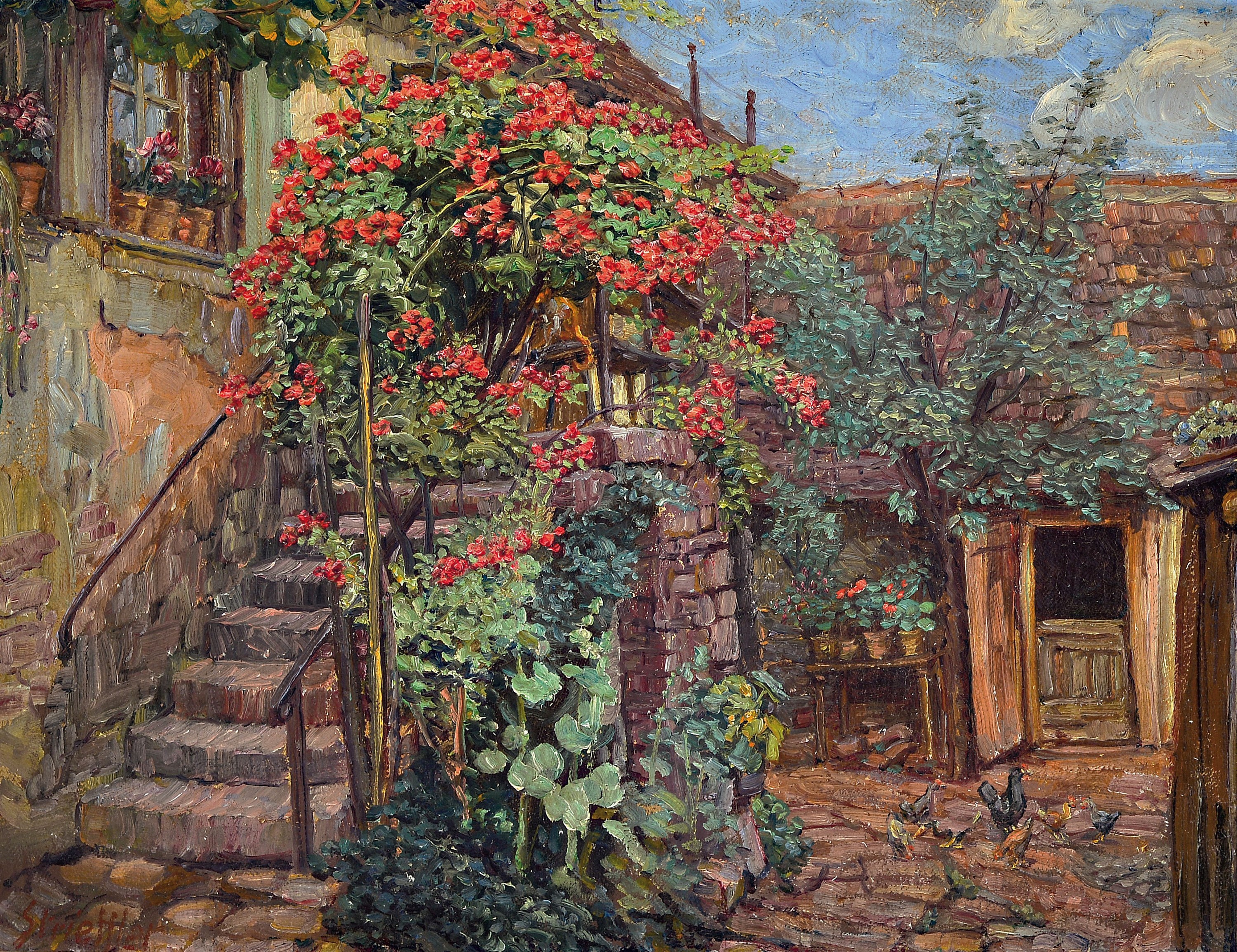 Heinrich Strieffler, 1872 Neustadt-1949 Landau, bäuerlicher Innenhof mit blühenden Kletterrosen, Öl/Lwd/Holz, links unten sign., ca. 50x66cm, R. ...