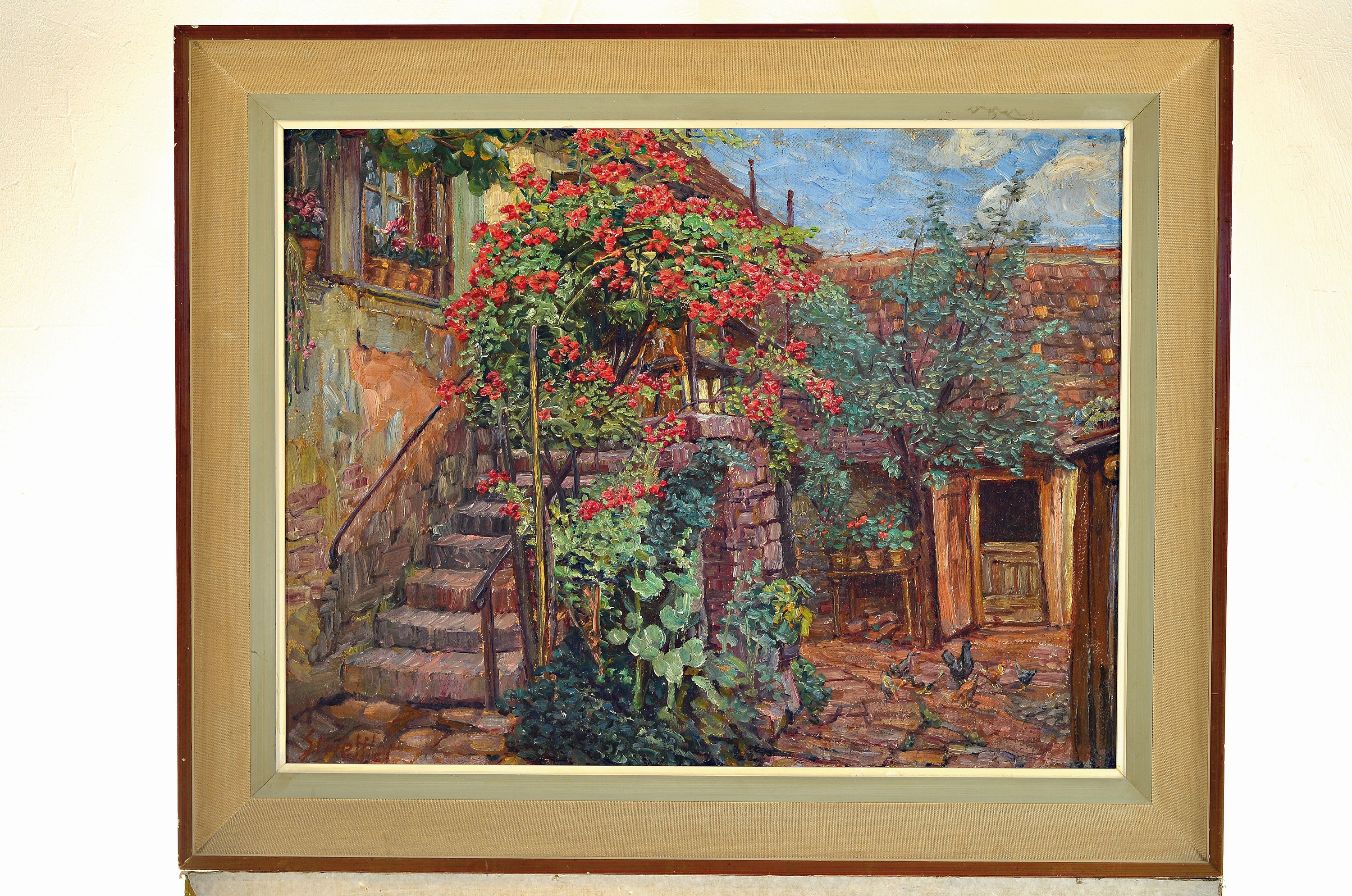 Detail k: Heinrich Strieffler, 1872 Neustadt-1949 Landau, bäuerlicher Innenhof mit blühenden Kletterrosen, Öl/Lwd/Holz, links unten sign., ca. 50x66cm, R. ...