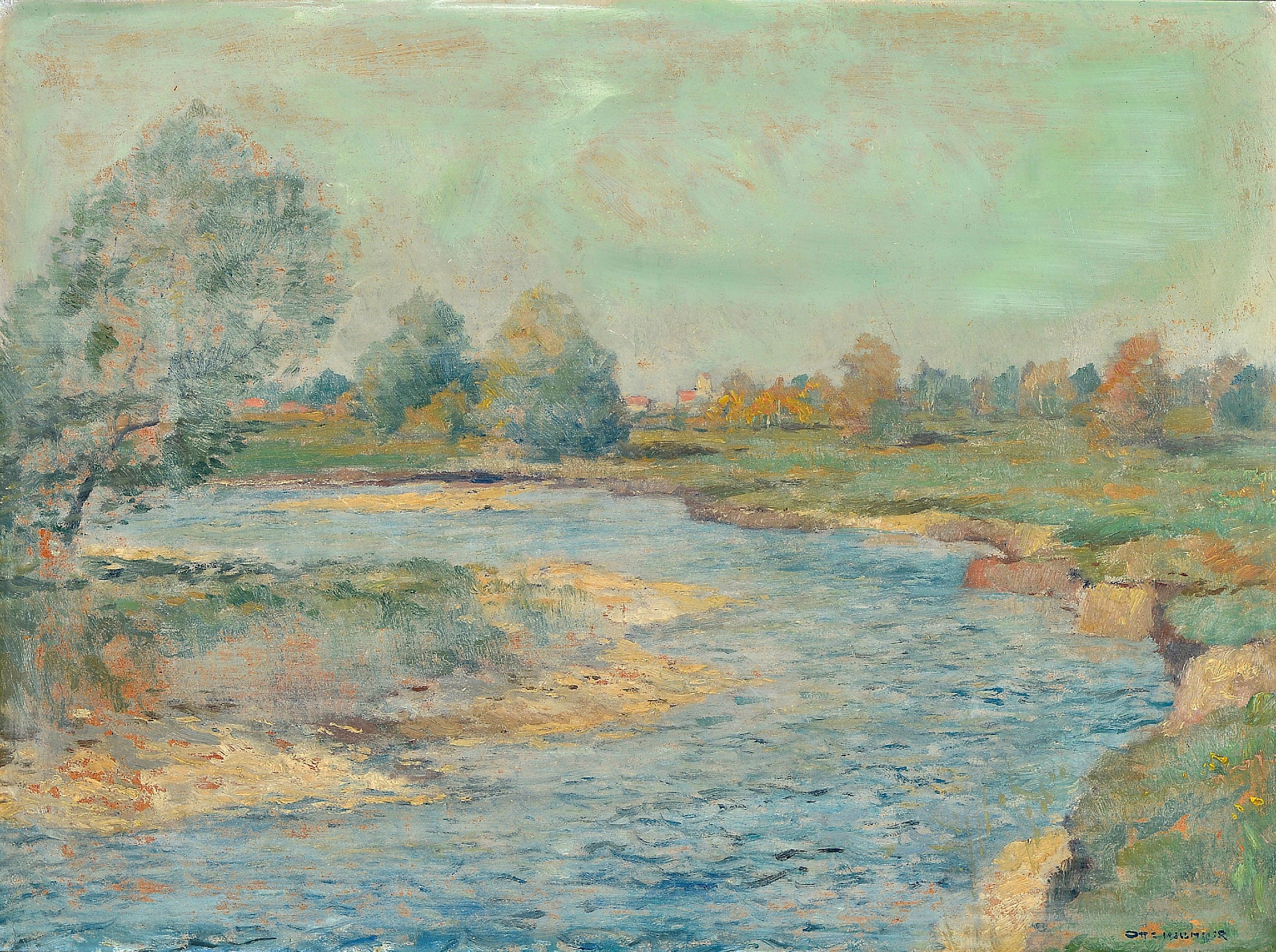 Otto Hellmeier, 1908-1996 Weilheim, Flussauenlandschaft, Öl/Hartfaser, rechts unten signiert, ca. 36x48cm, R. ca. 47x59cm