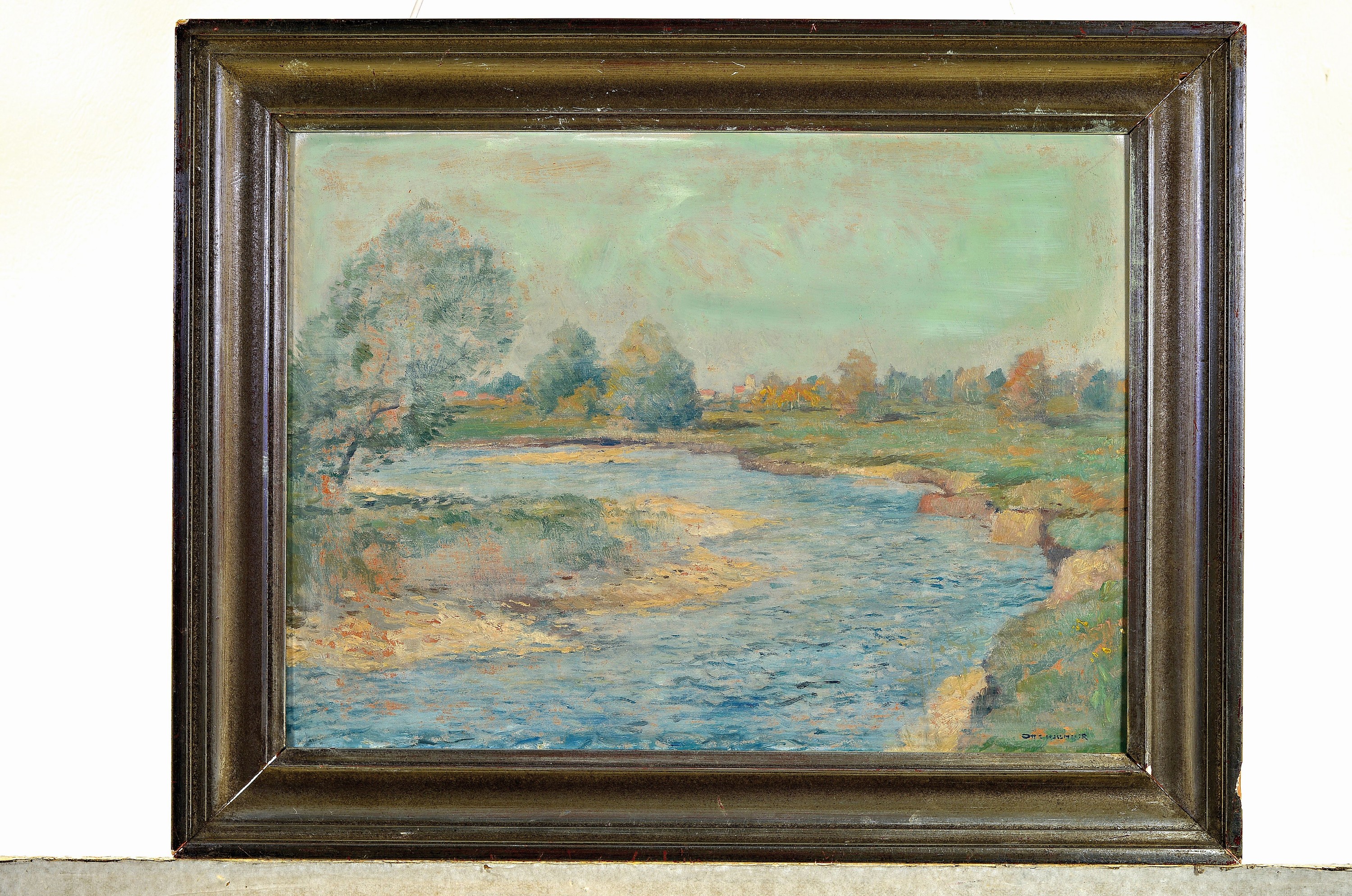 Detail k: Otto Hellmeier, 1908-1996 Weilheim, Flussauenlandschaft, Öl/Hartfaser, rechts unten signiert, ca. 36x48cm, R. ca. 47x59cm