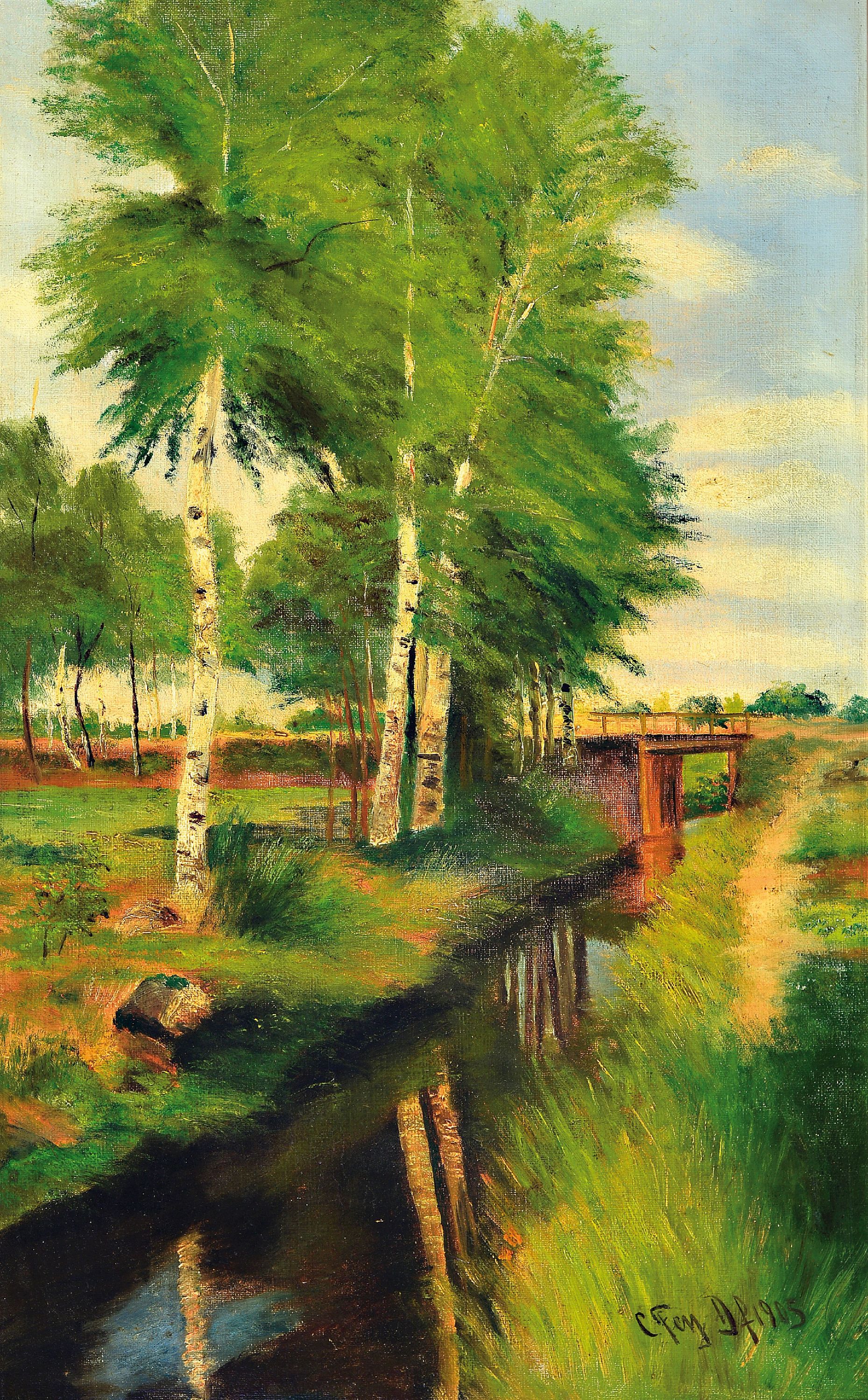 Carl Fey, 1867-1939 Düsseldorf, Landschaft mit Birken am Bachlauf, Öl/Lwd, rechts unten signiert und dat. 1905, ca. 65x40cm, R. ca. 70x46cm