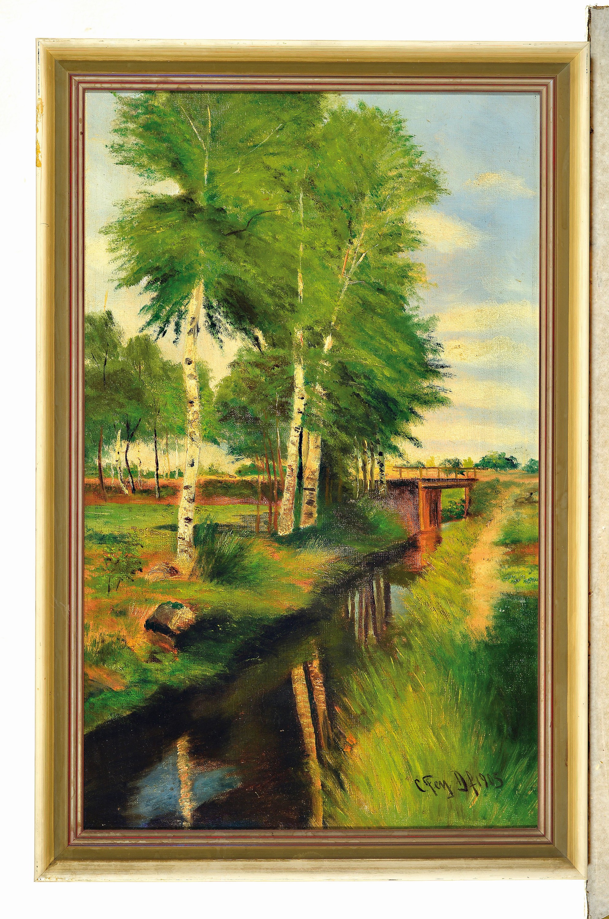 Detail k: Carl Fey, 1867-1939 Düsseldorf, Landschaft mit Birken am Bachlauf, Öl/Lwd, rechts unten signiert und dat. 1905, ca. 65x40cm, R. ca. 70x46cm
